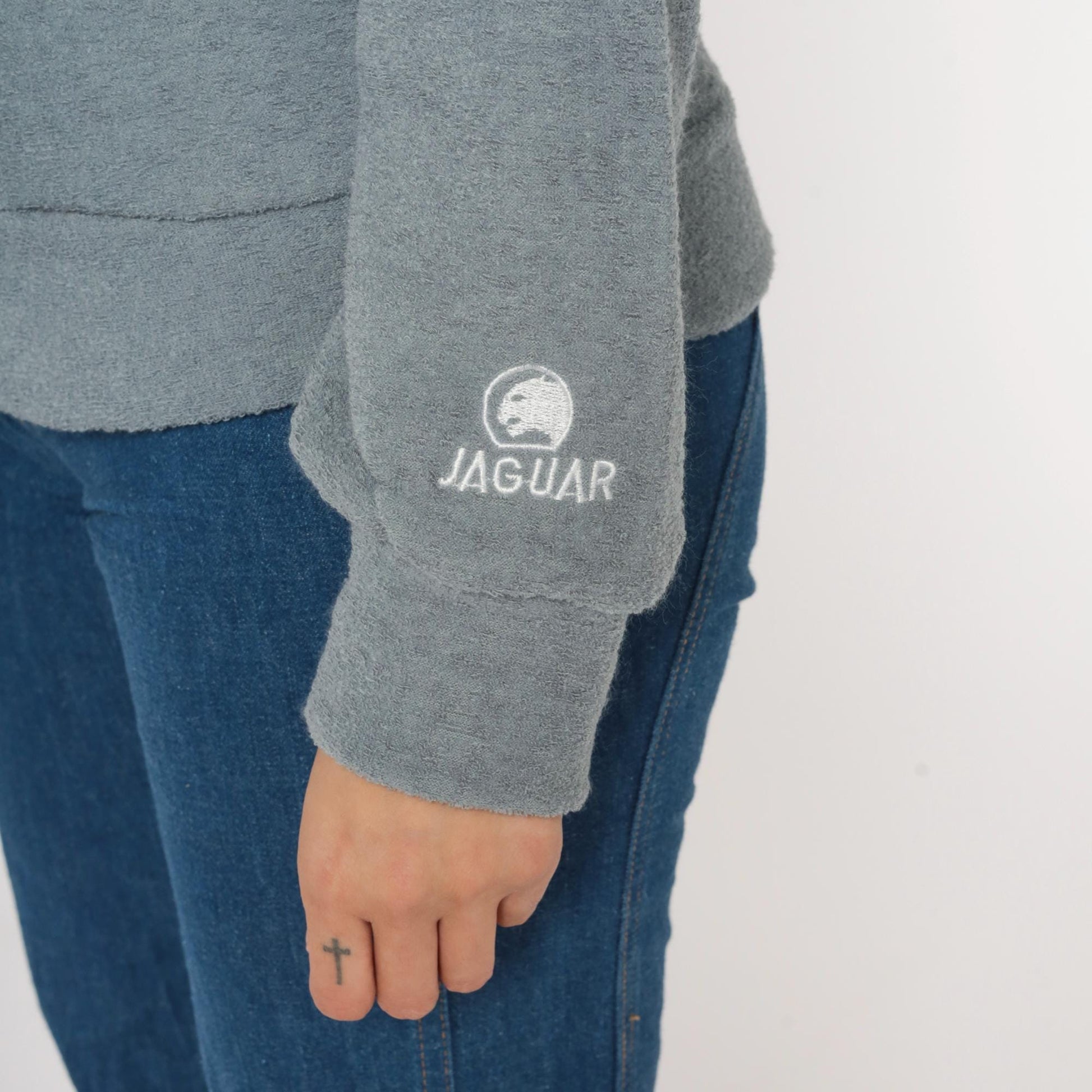 80s Jaguar Grey Zip-Up Sweatshirt White Piping Collar Small S