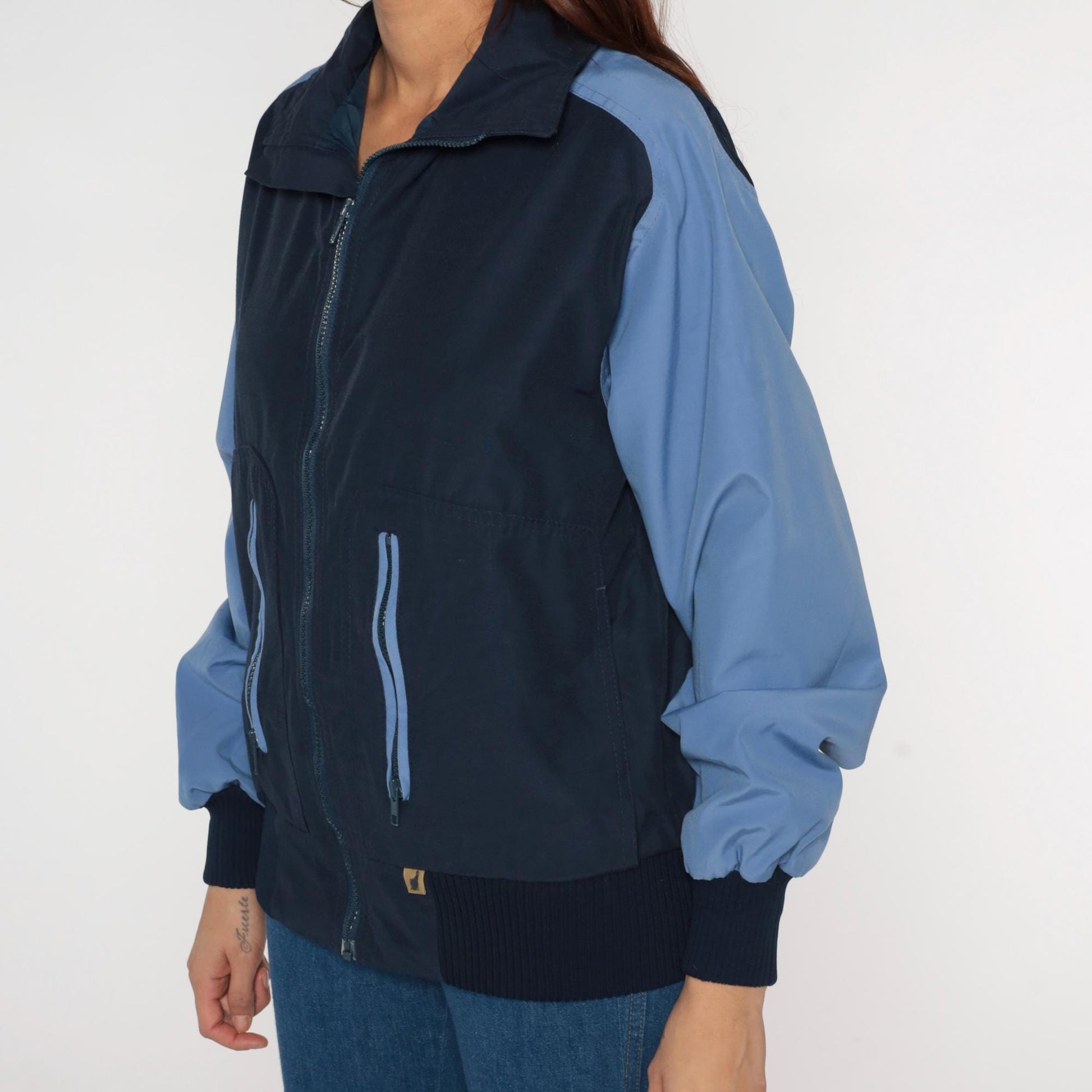 80s Navy Light Blue Colorblock Windbreaker Zip Jacket Medium M