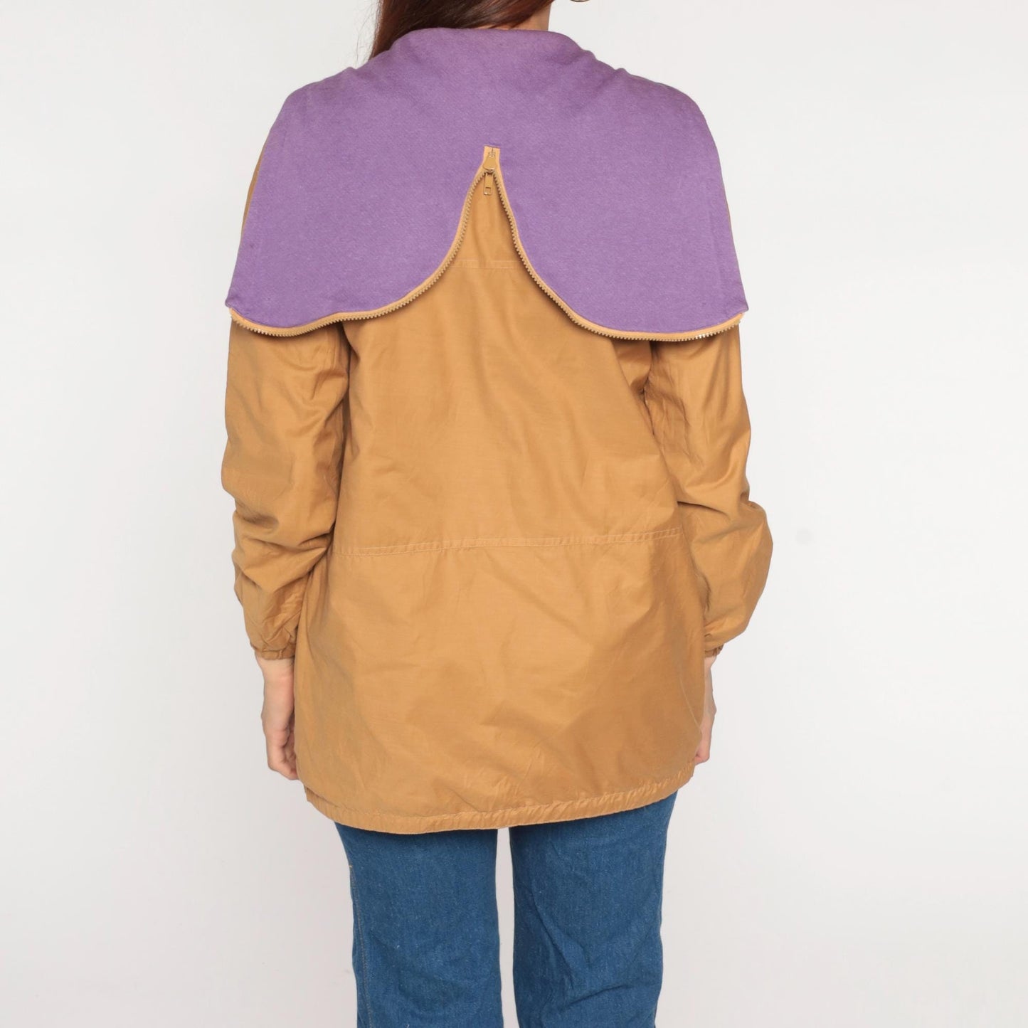 80s Aspen Tan Windbreaker Hood Zip Front Jacket Purple Lining Small