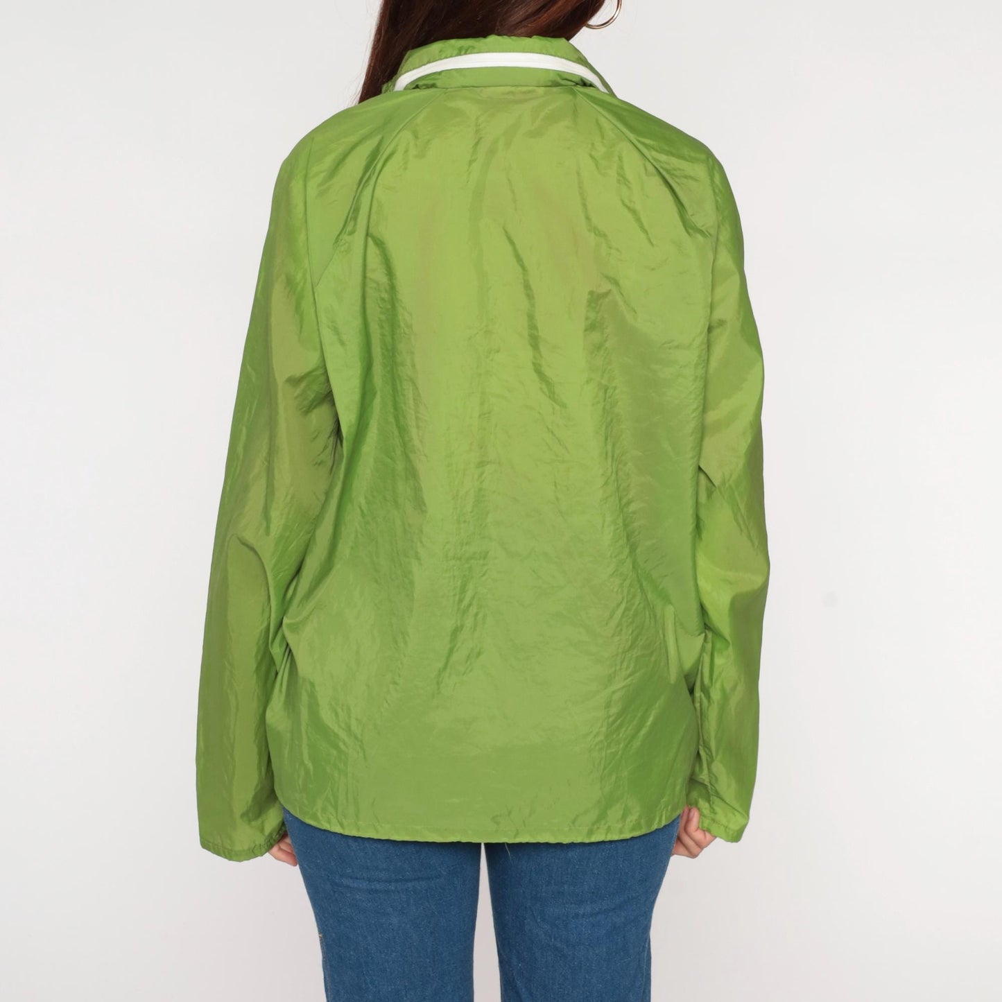 70s Lime Green Windbreaker Nylon Zip Hood Jacket Large L