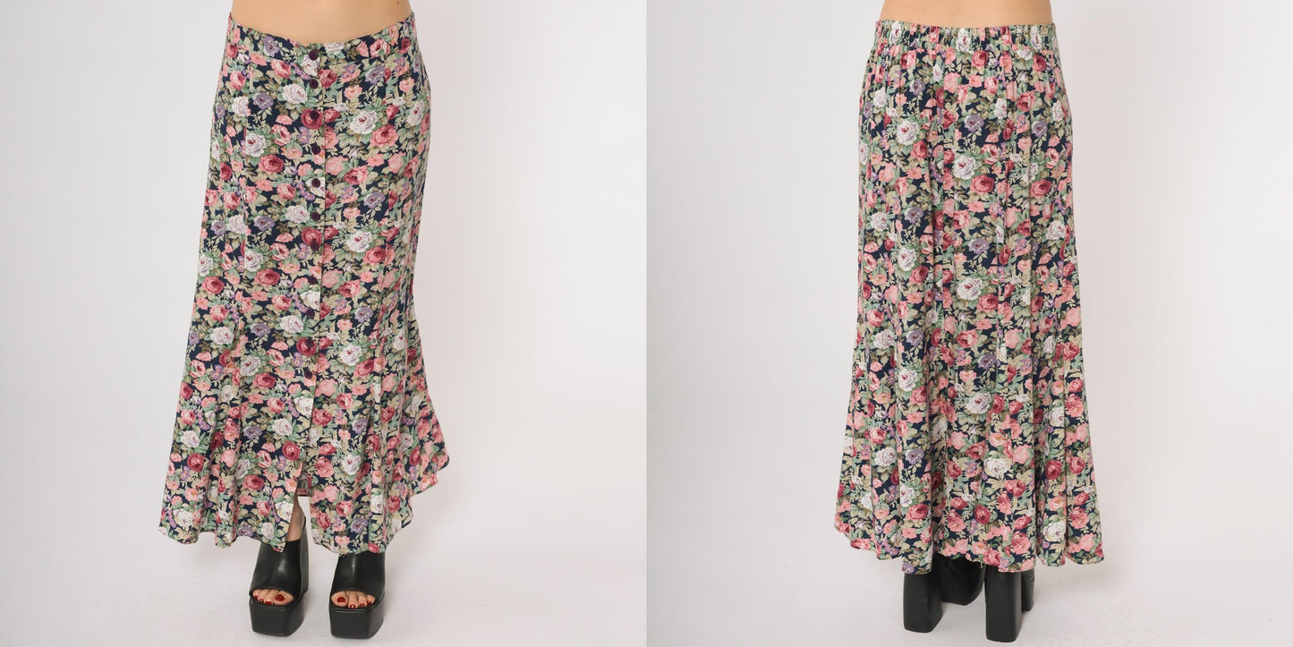 90s Navy Floral Maxi Skirt Button Front Rose Print Long Large L