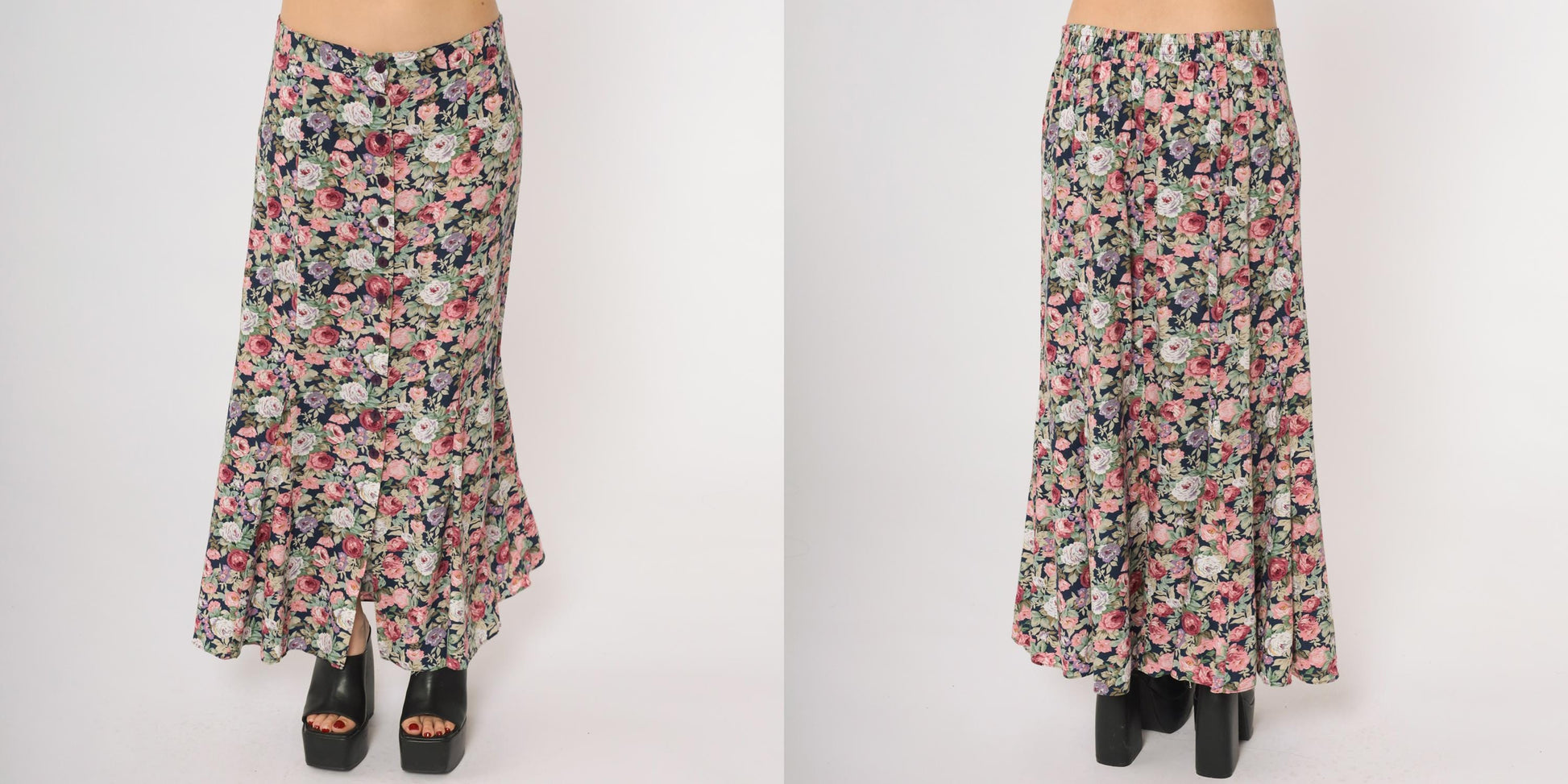 90s Navy Floral Maxi Skirt Button Front Rose Print Long Large L
