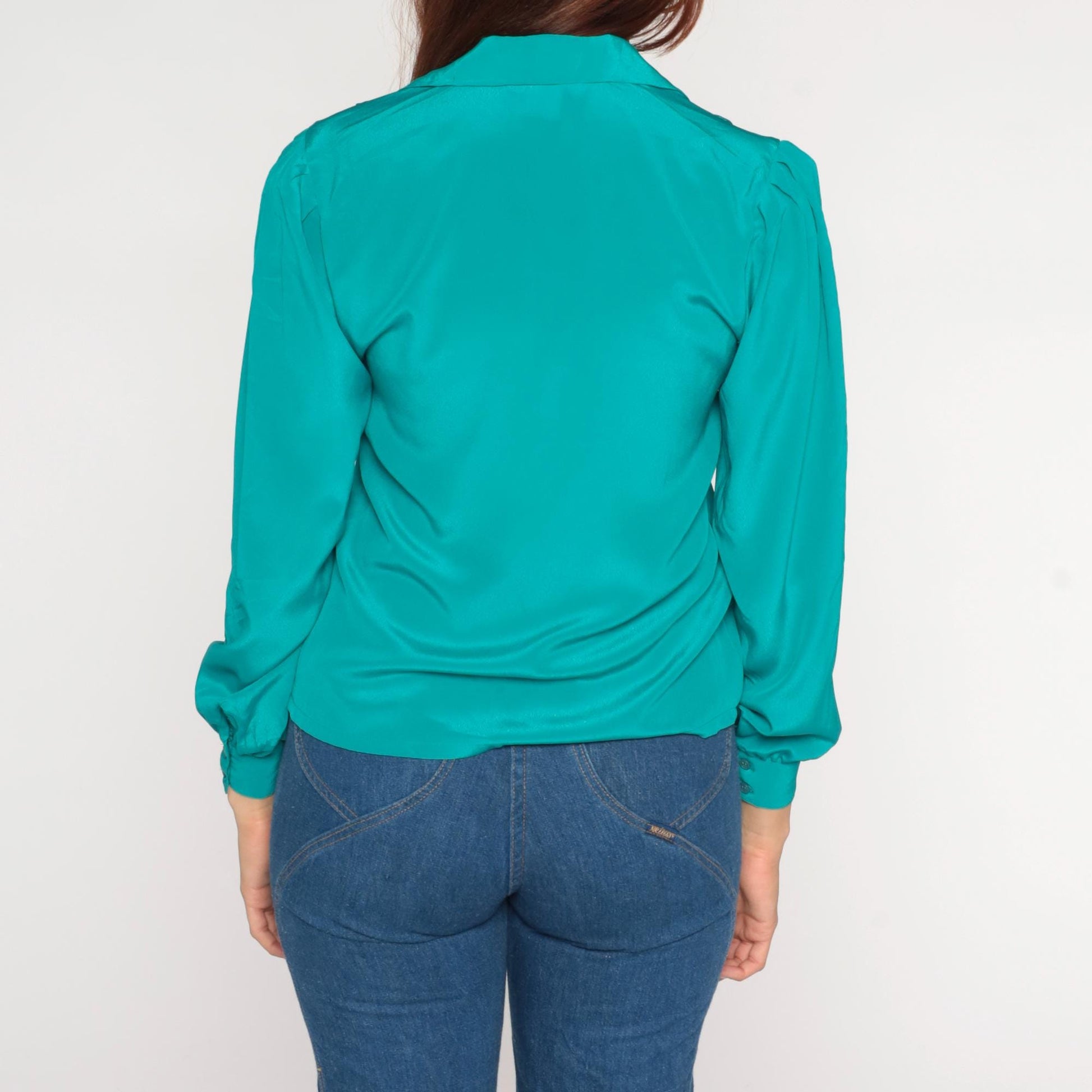 80s Teal Green Button-Up Shirt Christy Ann Short Sleeve Blouse Small