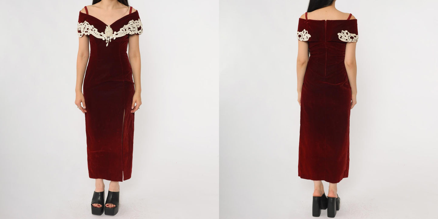90s Burgundy Velvet Maxi Gown Off-Shoulder Pearl Beaded Lace Small