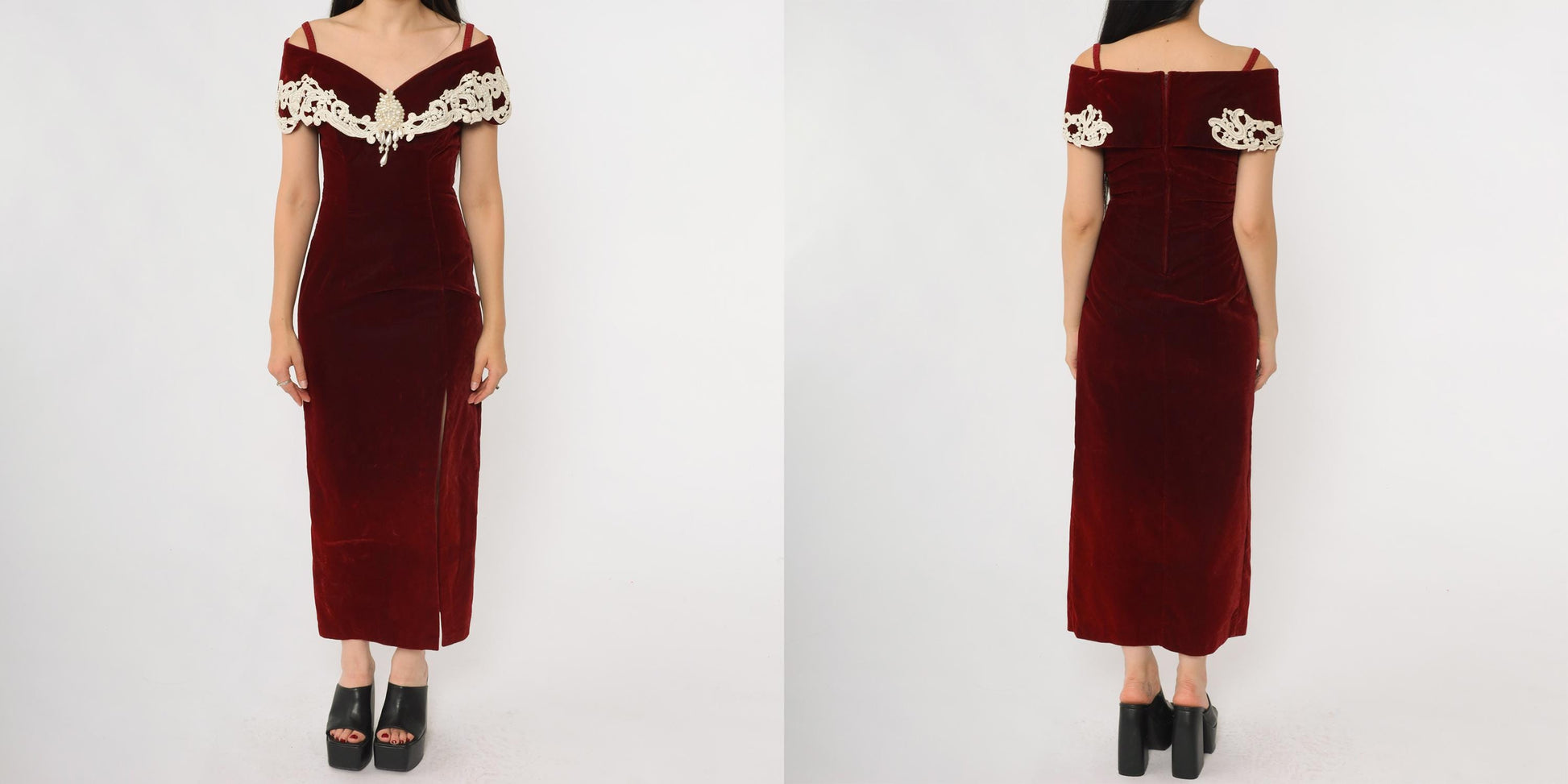 90s Burgundy Velvet Maxi Gown Off-Shoulder Pearl Beaded Lace Small