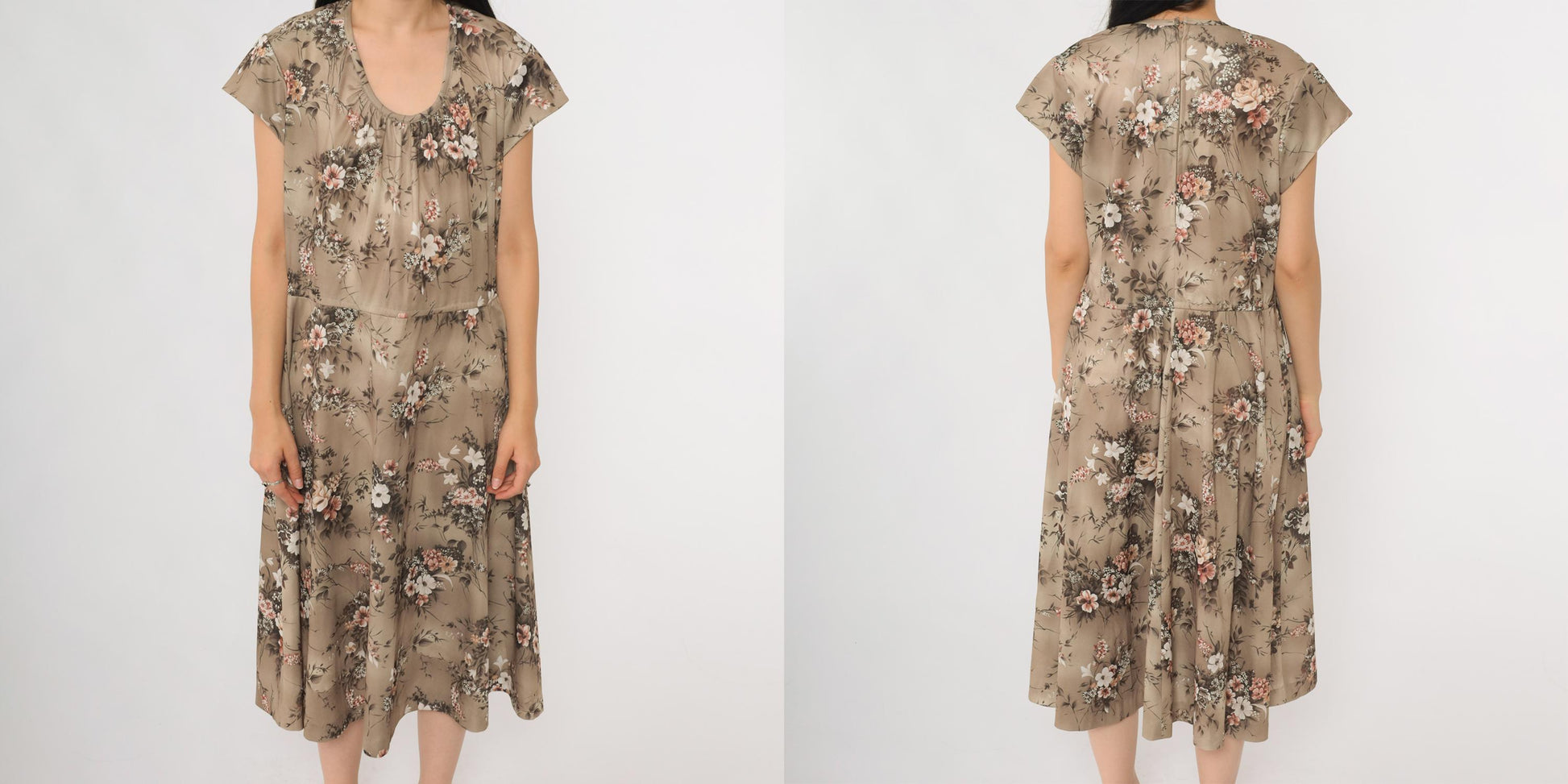 70s Floral Midi Day Dress Beige Taupe Multicolor Print Short Sleeve Large L