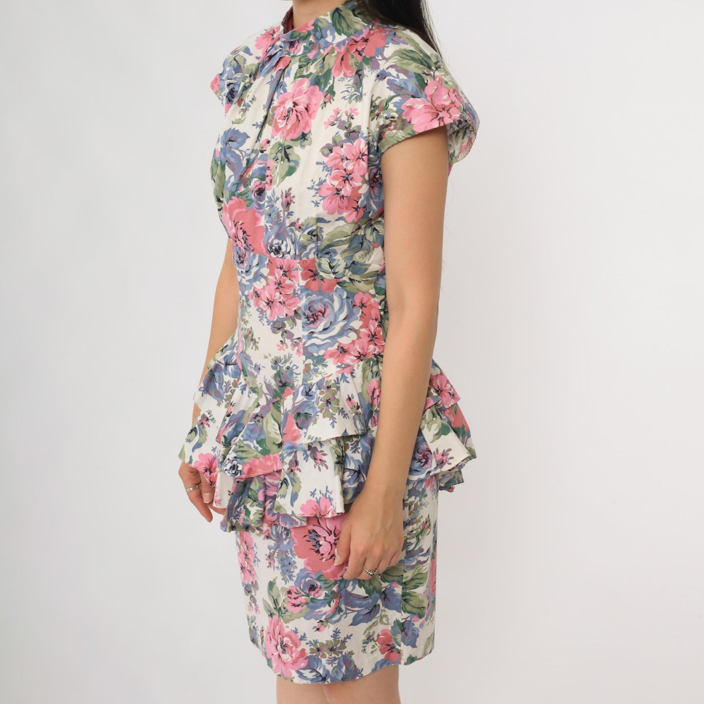 90s Teal Floral Mini Dress Button Front High Neck Flutter Sleeve Small