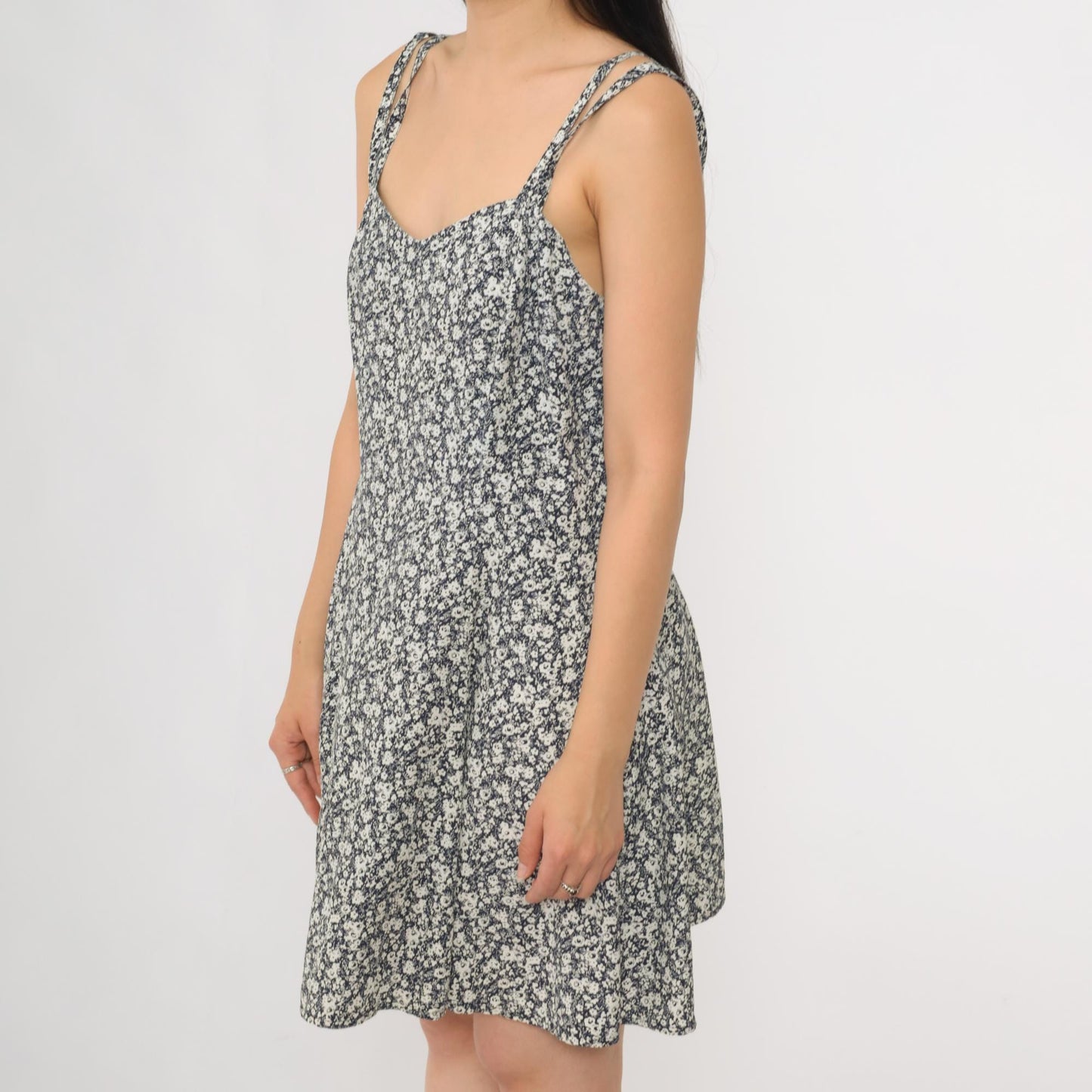 90s Navy Floral Mini Sundress Double Strap Sweetheart Neckline Small S