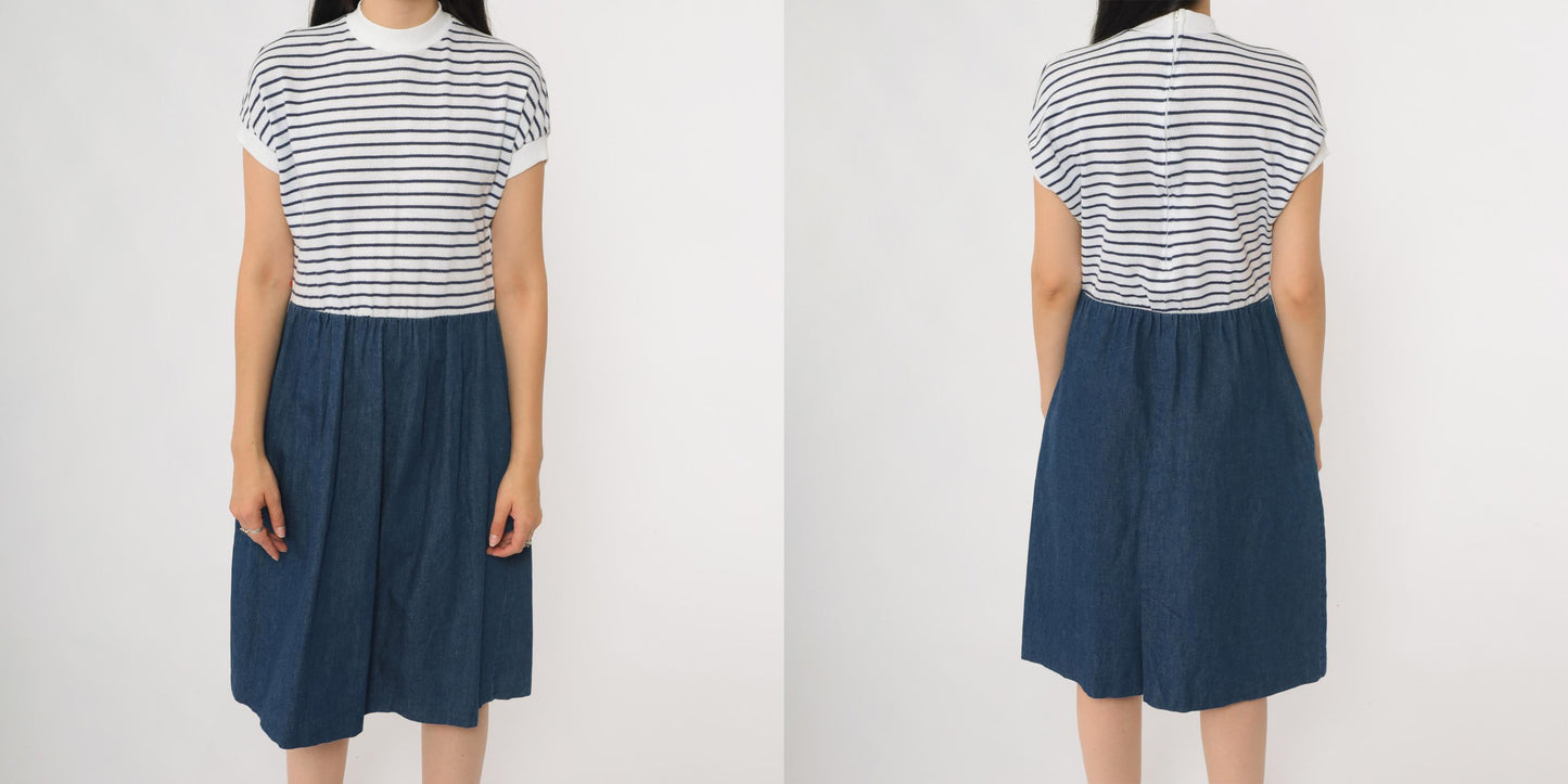 80s Nautical Striped Knit Denim Midi Dress Mock Neck White Navy Small