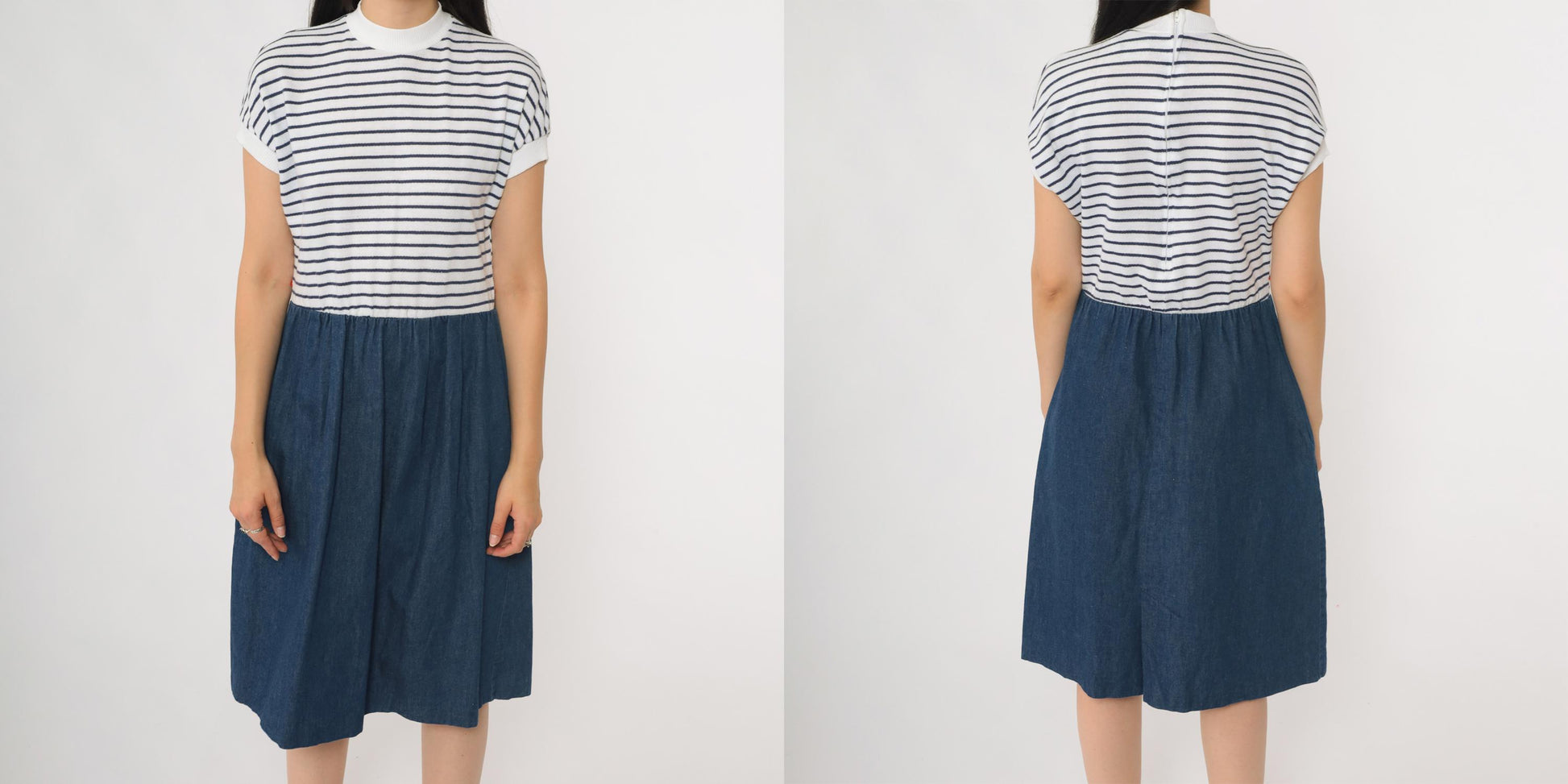 80s Nautical Striped Knit Denim Midi Dress Mock Neck White Navy Small