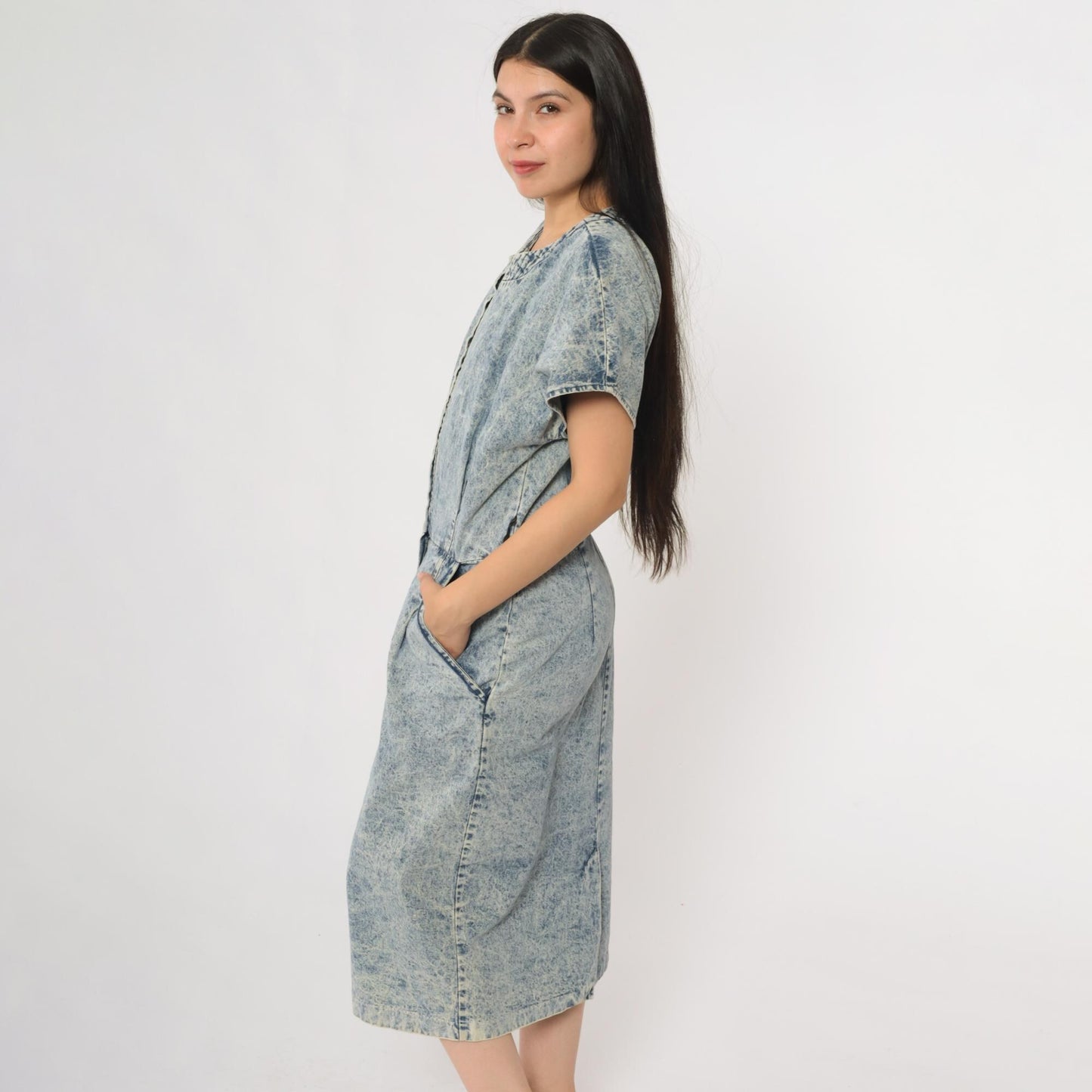90s Acid Wash Denim Midi Dress Button Front Utility Pockets Cotton Large L