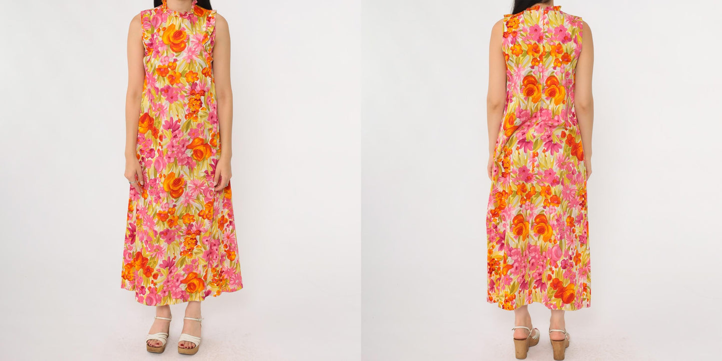 70s McInerny Honolulu Hawaiian Maxi Dress Tropical Floral Barkcloth Small