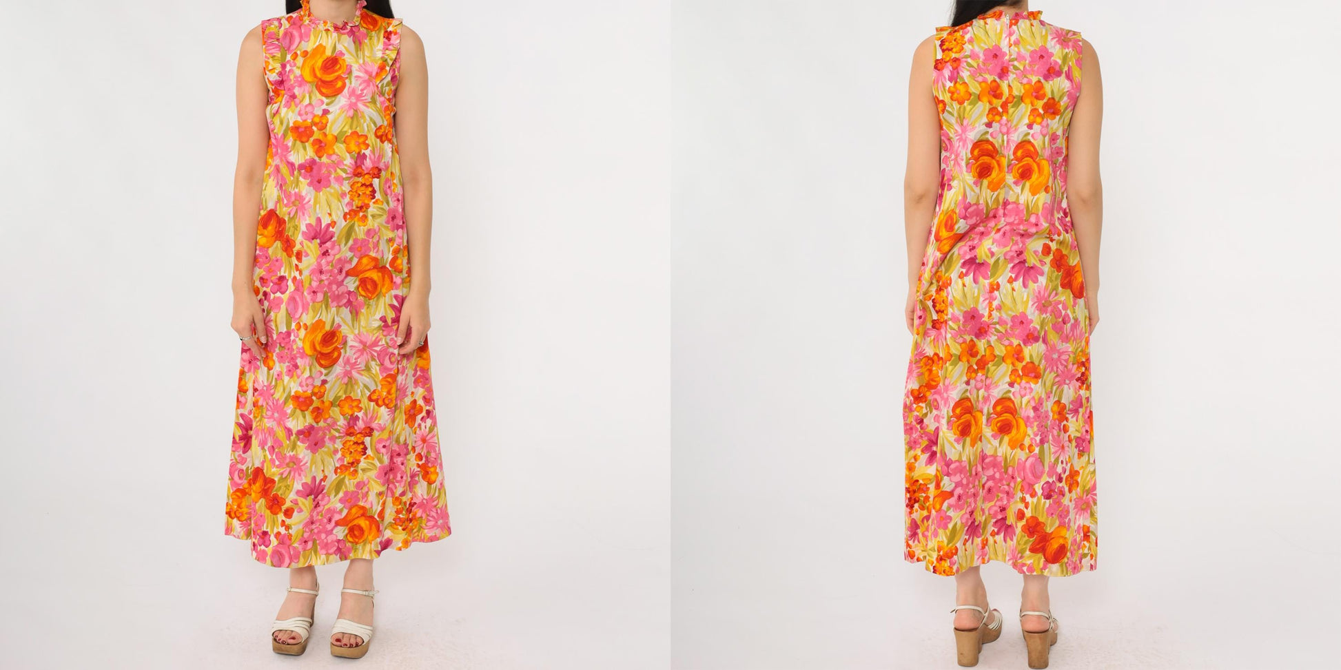 70s McInerny Honolulu Hawaiian Maxi Dress Tropical Floral Barkcloth Small