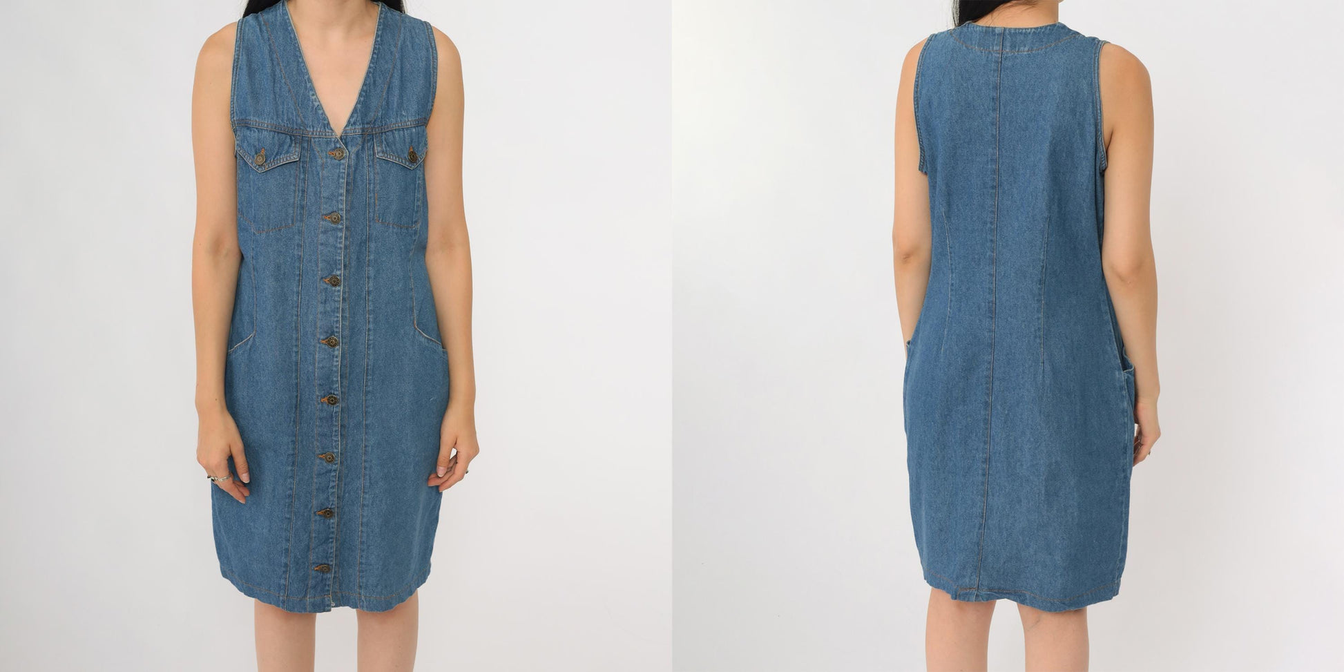 90s WilliWear Denim Dress Button Front V Neck Mini Blue Cotton Medium