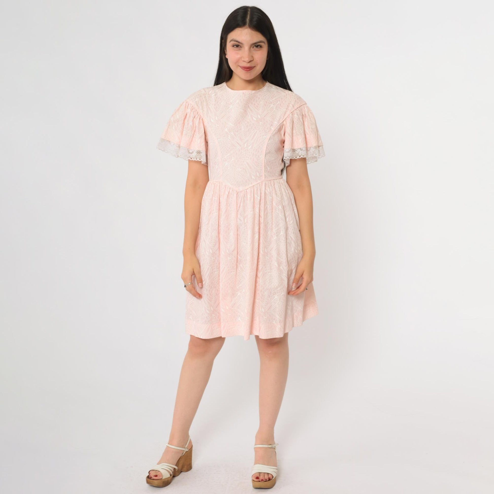 80s Pink Mini Dress White Leaf Print Flutter Sleeve Babydoll Tie Back Small S