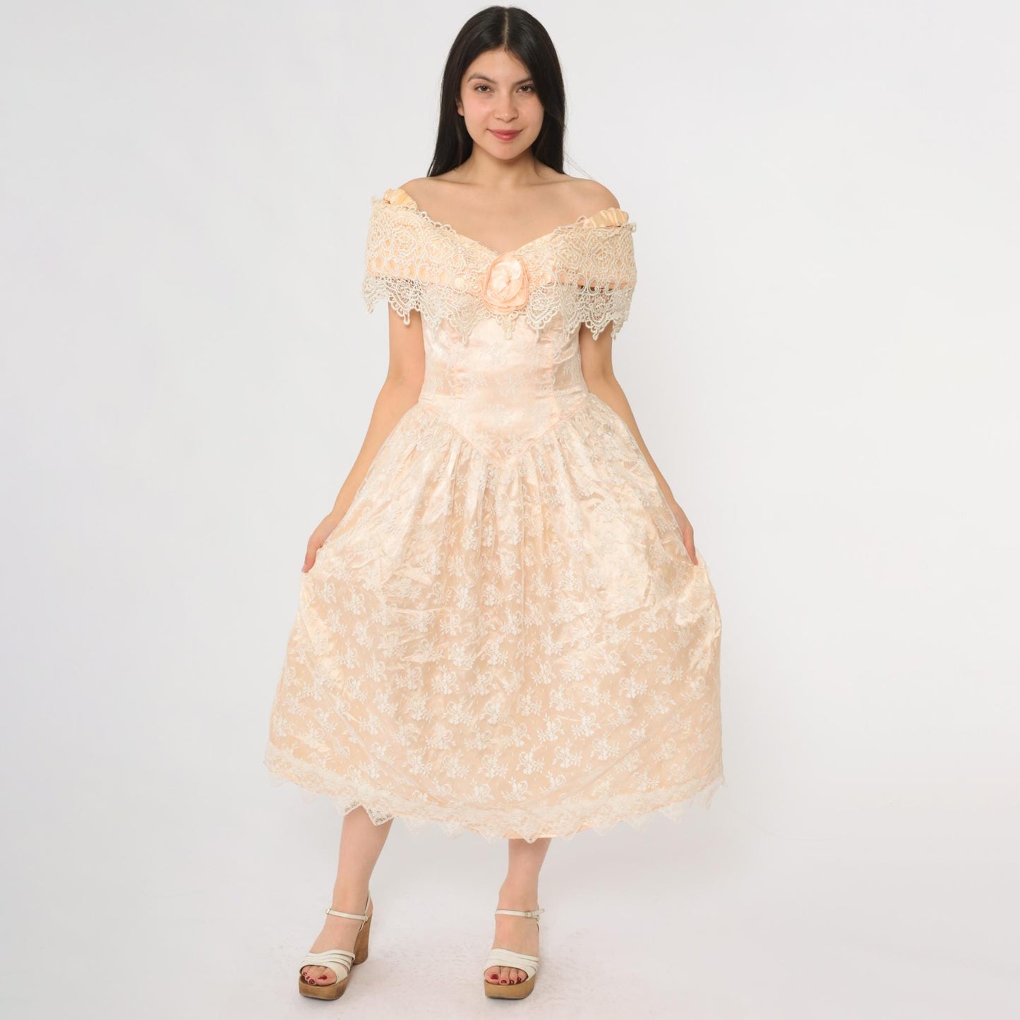 80s Scott McClintock Peach Lace Evening Gown Off-Shoulder Midi Small