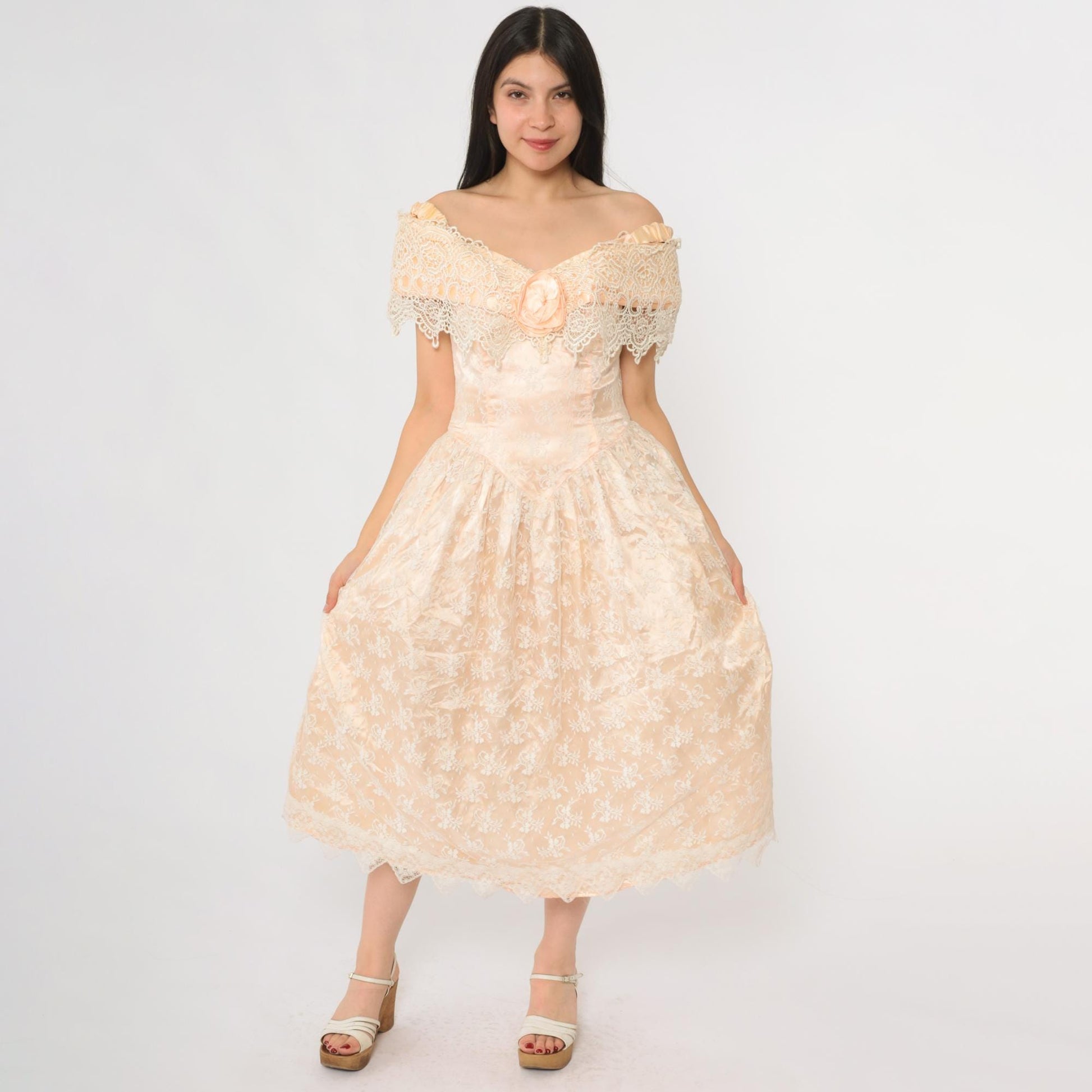 80s Scott McClintock Peach Lace Evening Gown Off-Shoulder Midi Small