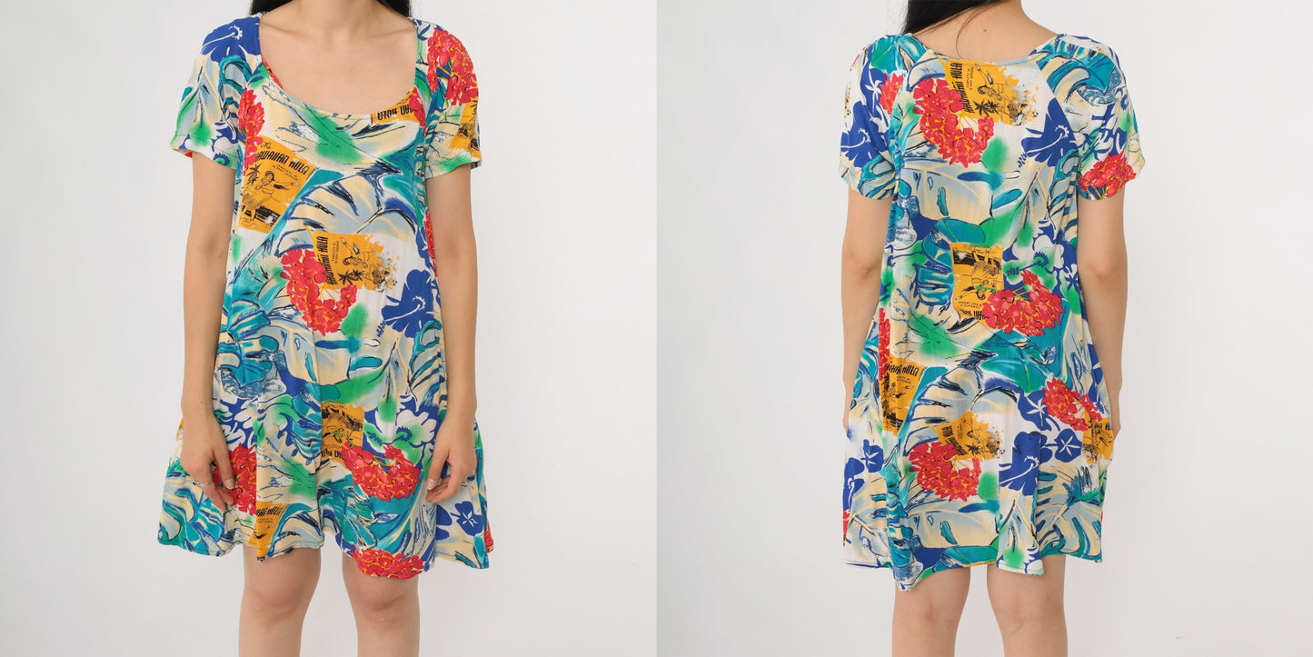 Y2K Jam's World Mini Dress Tropical Postcard Print Rayon Small S