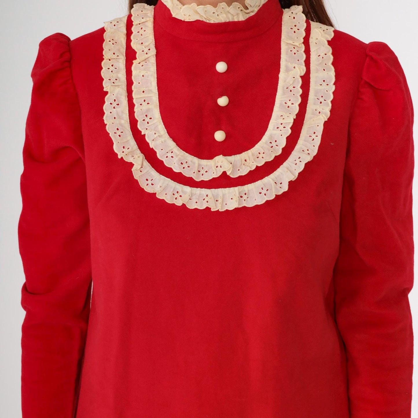 1960s Red Velour Mini Dress Eyelet Lace Puff Sleeve Small