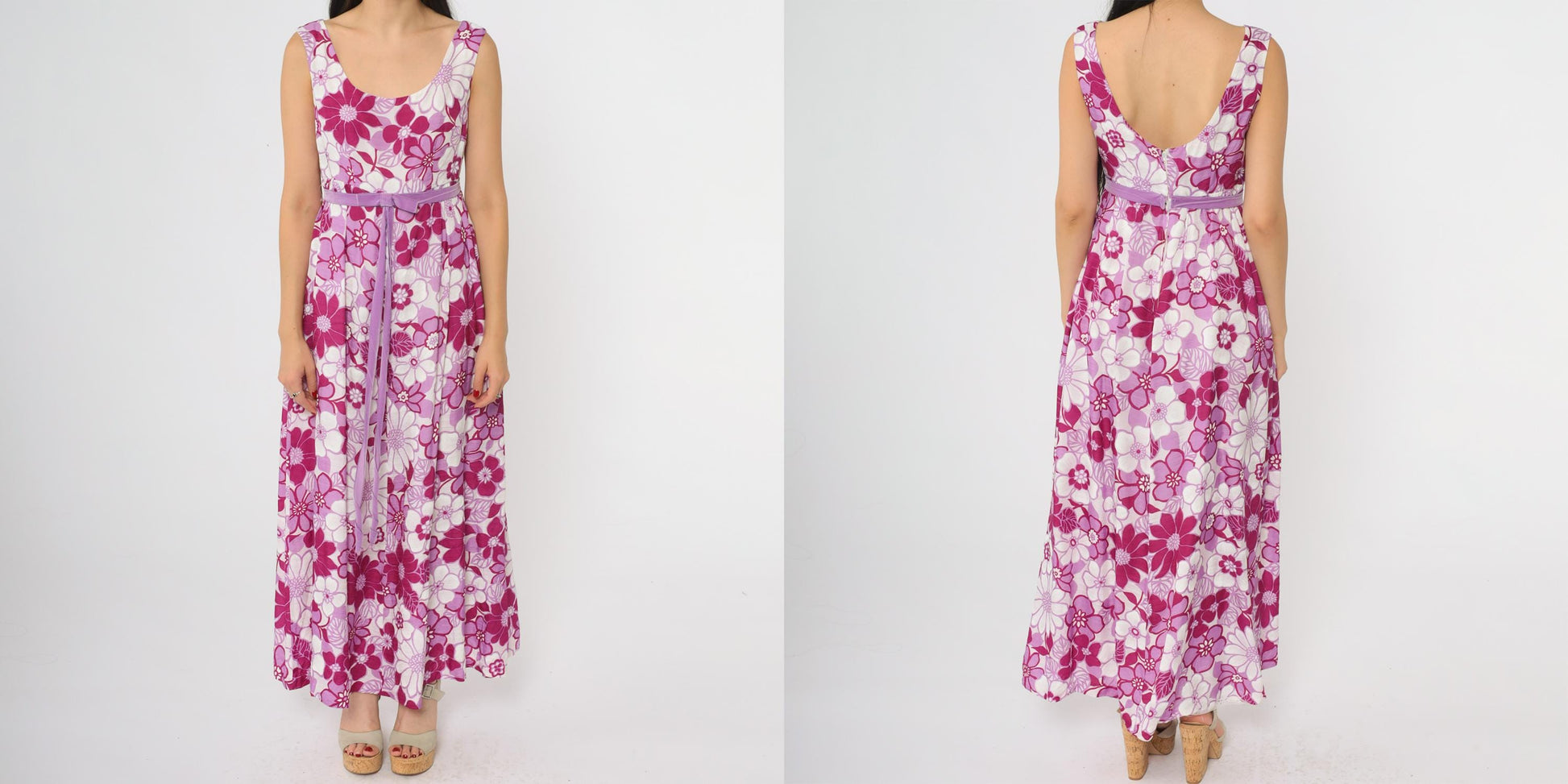 70s Floral Maxi Dress Pink Purple Daisy Print Sleeveless Small