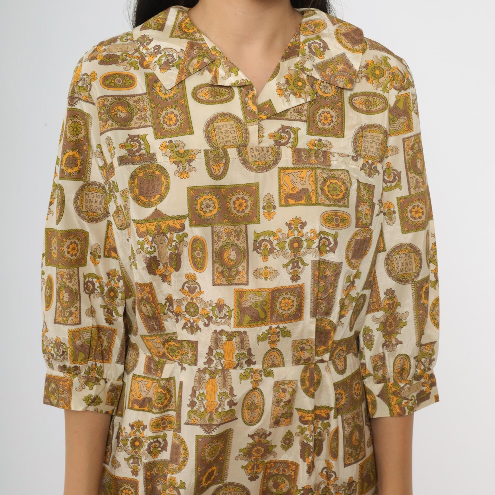 60s Medallion Print Dress Quarter Sleeve Collar Button Midi A-Line Brown Orange Large L