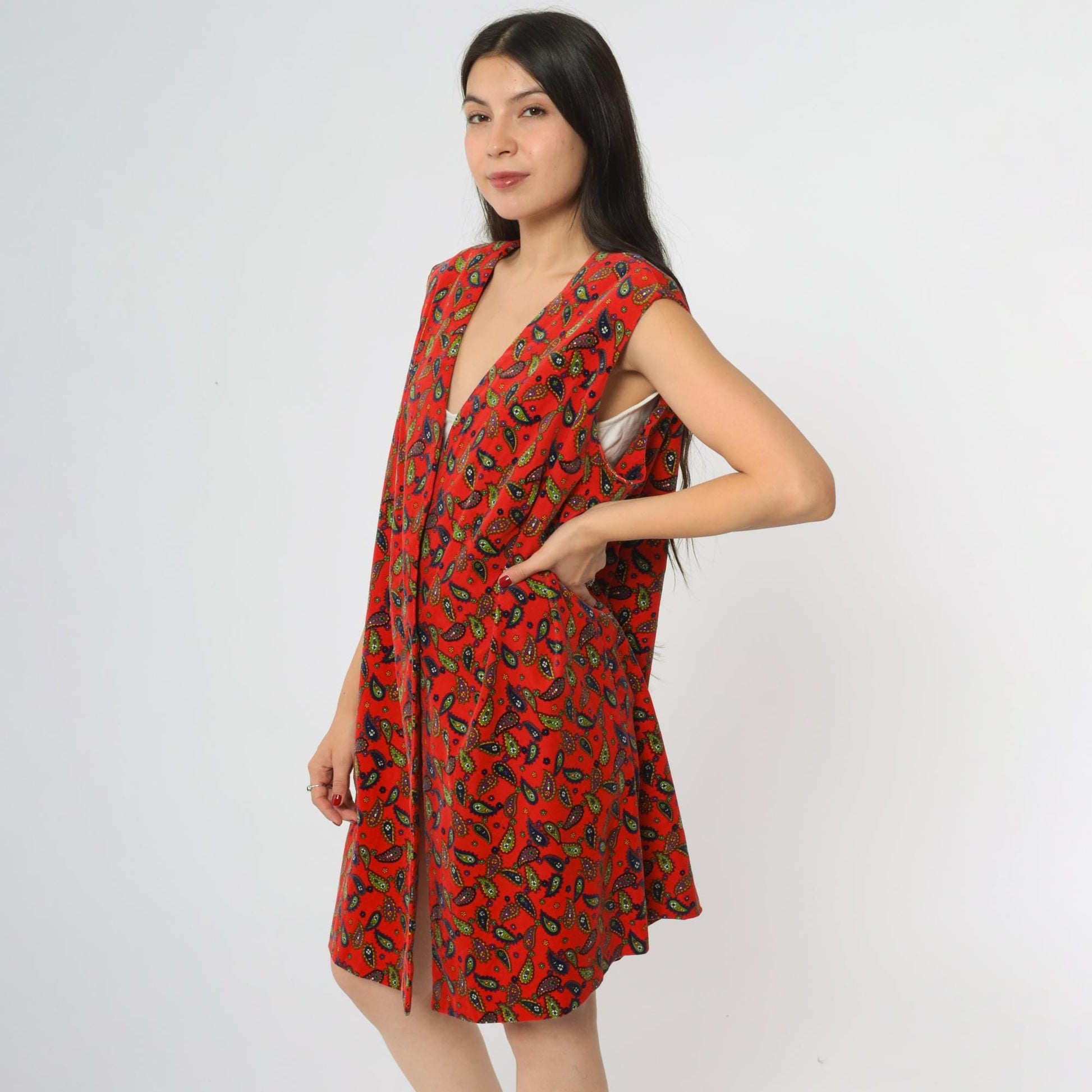 60s Red Paisley Mini Dress Deep V Sleeveless A-Line Shift Extra Large