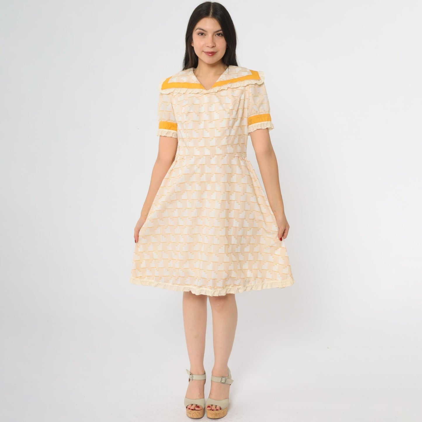 70s Prairie Babydoll Dress Cream Yellow Geometric Print Lace Trim Medium M