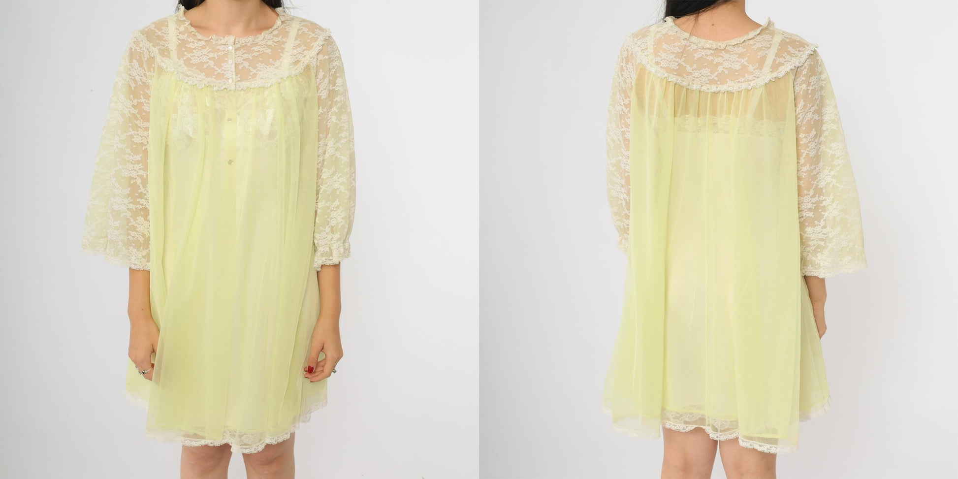 70s Van Raalte Yellow Lace Nightgown Long Sleeve Babydoll Medium M