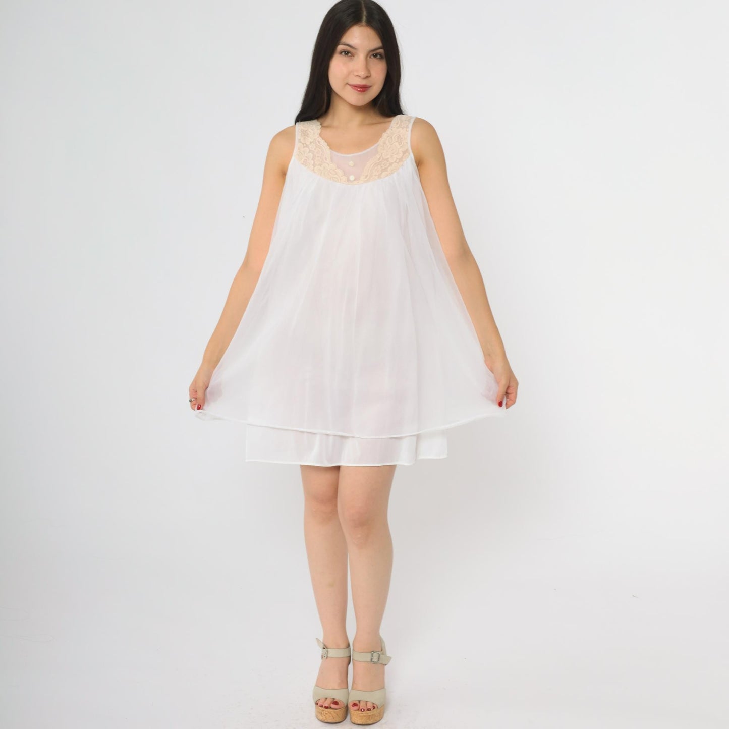 70s White Nylon Babydoll Nightgown Lace Yoke Sleeveless Knee-Length Medium