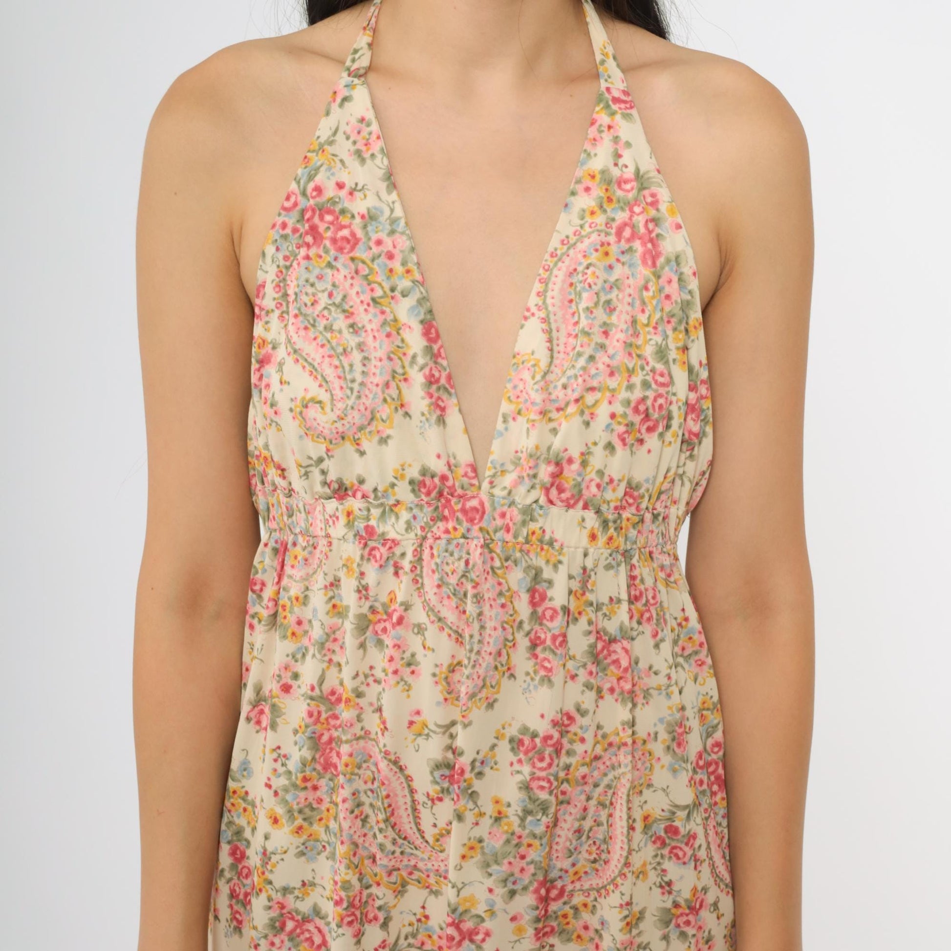 70s Pink Yellow Paisley Halter Maxi Dress Empire Waist Open Back Medium