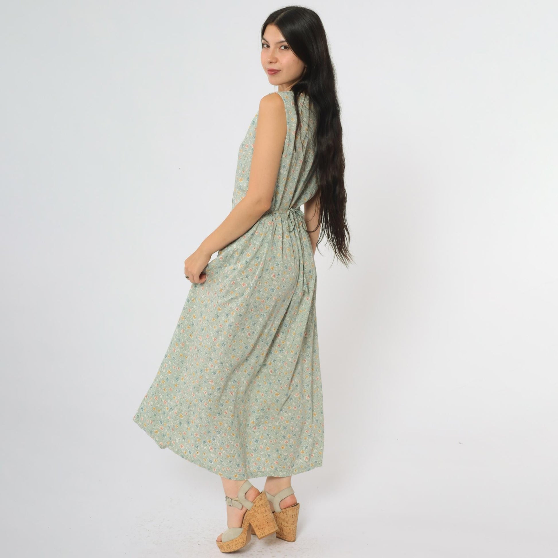90s Sage Green Floral Midi Dress Button Front Tie Waist Sleeveless Medium M