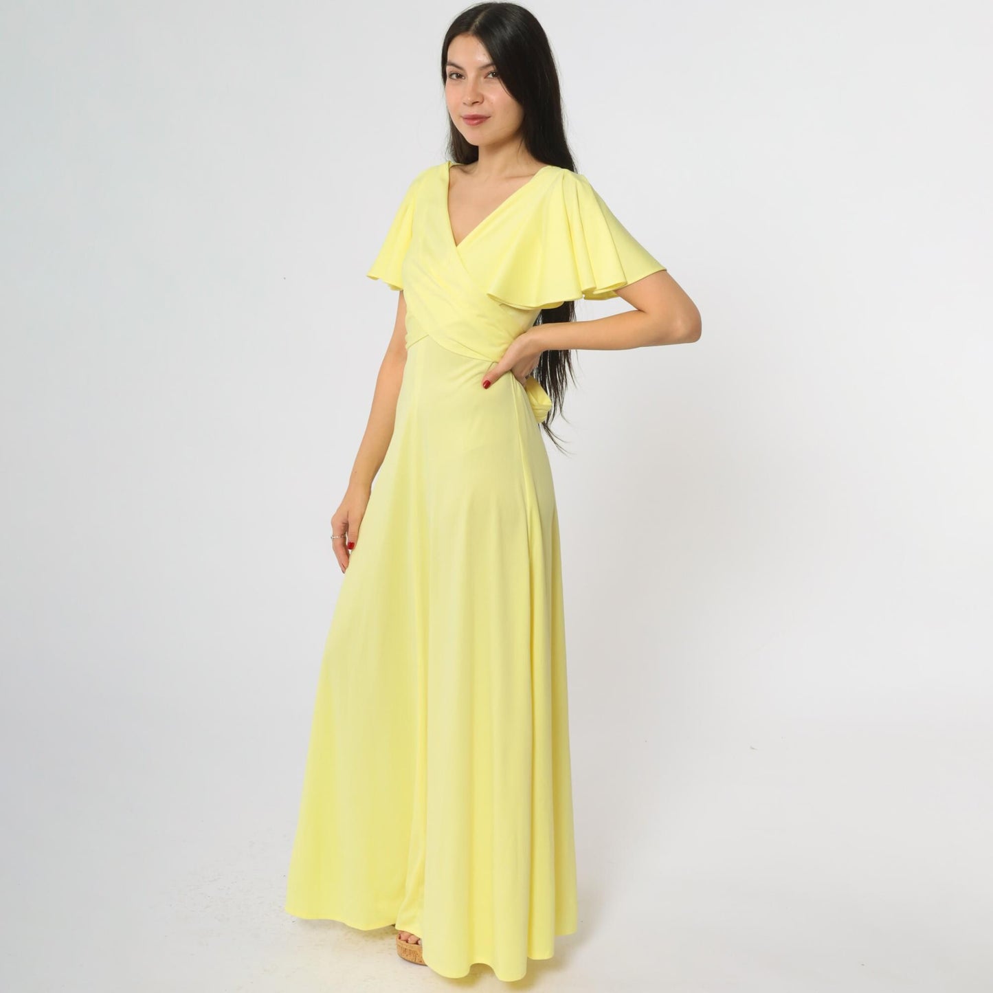 70s Yellow Maxi Wrap Dress Flutter Sleeves V-Neck Tie Waist Small