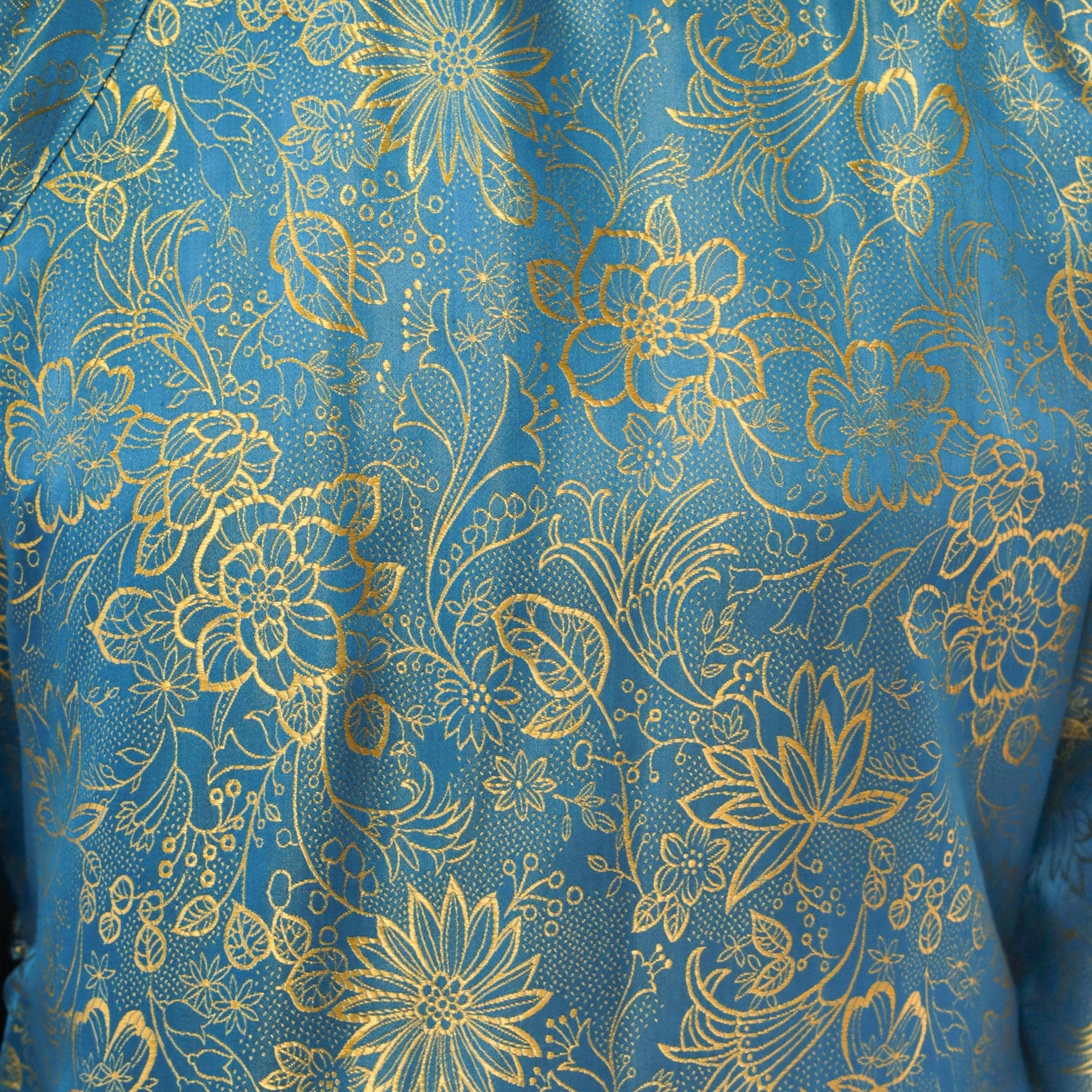 90s Teal Cheongsam Dress Gold Floral Brocade Midi Mandarin Collar Medium M