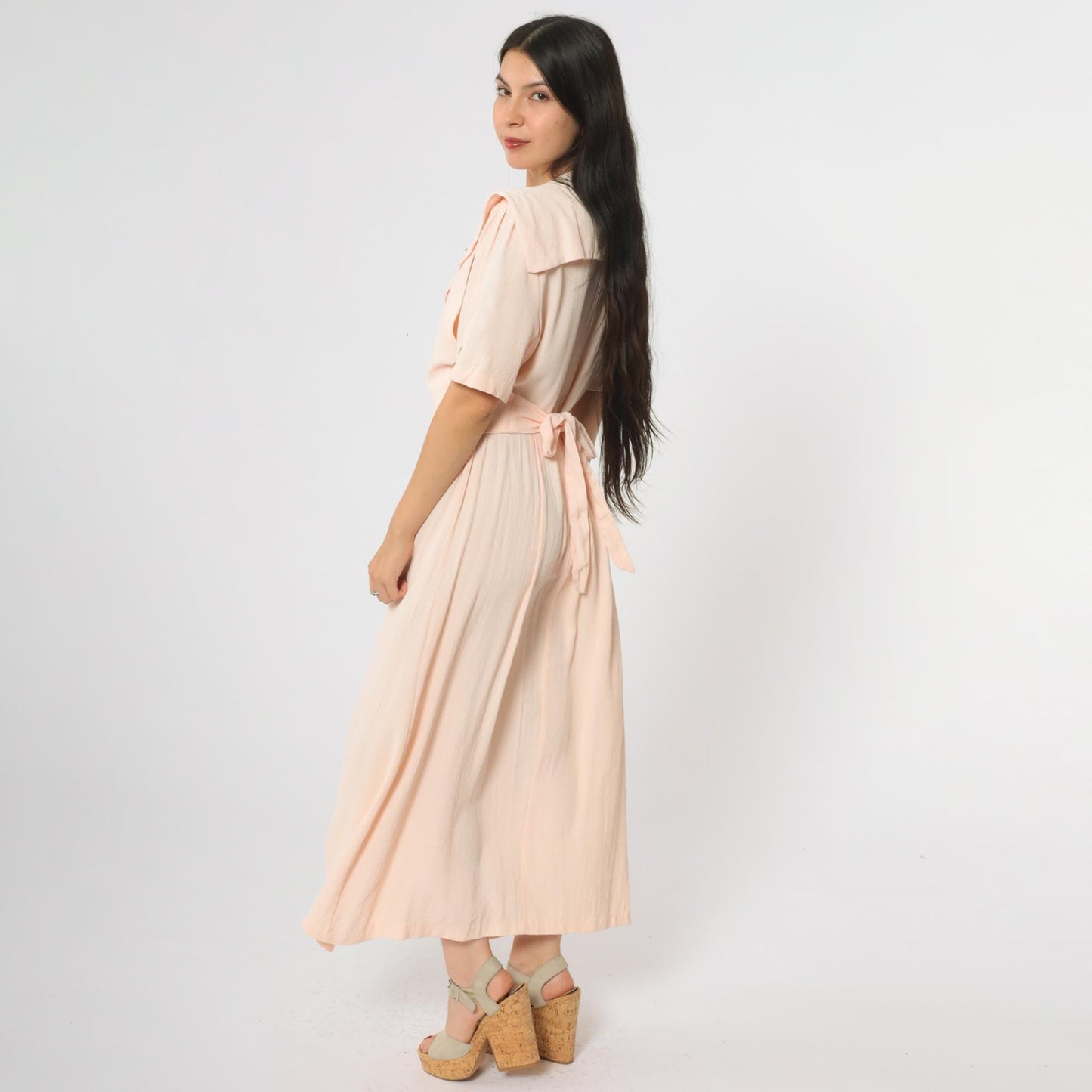 90s JBS LTD Rose Embroidered Maxi Dress Blush Pink Puff Sleeve Large