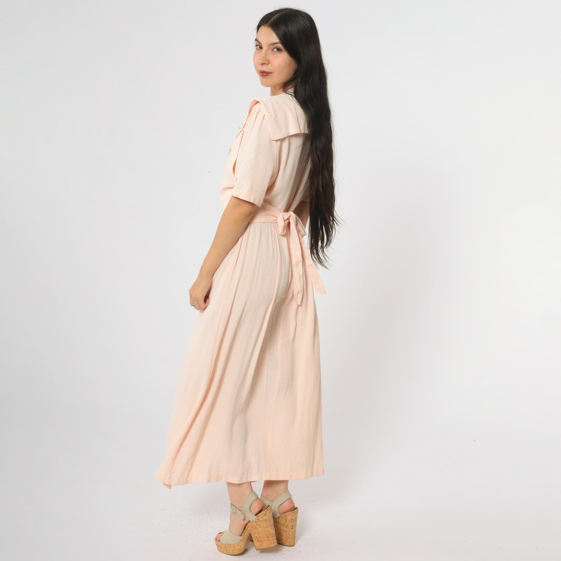 90s JBS LTD Rose Embroidered Maxi Dress Blush Pink Puff Sleeve Large