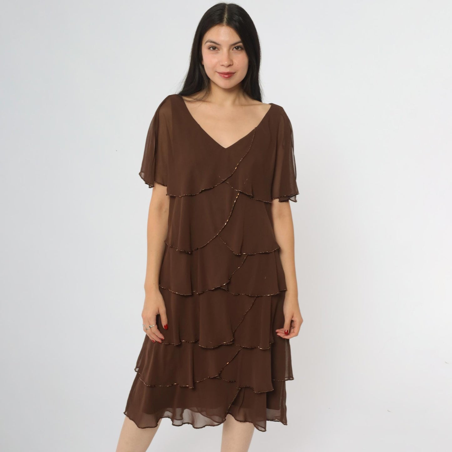 Y2K Patra Chocolate Brown Tiered Midi Dress Beaded Flutter Sleeves Large