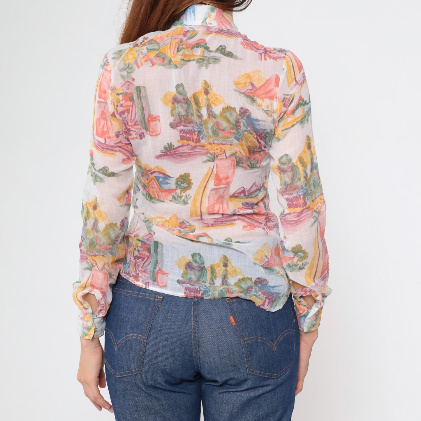 70s Ship N Shore Watercolor Landscape Blouse Sheer Button Up Small