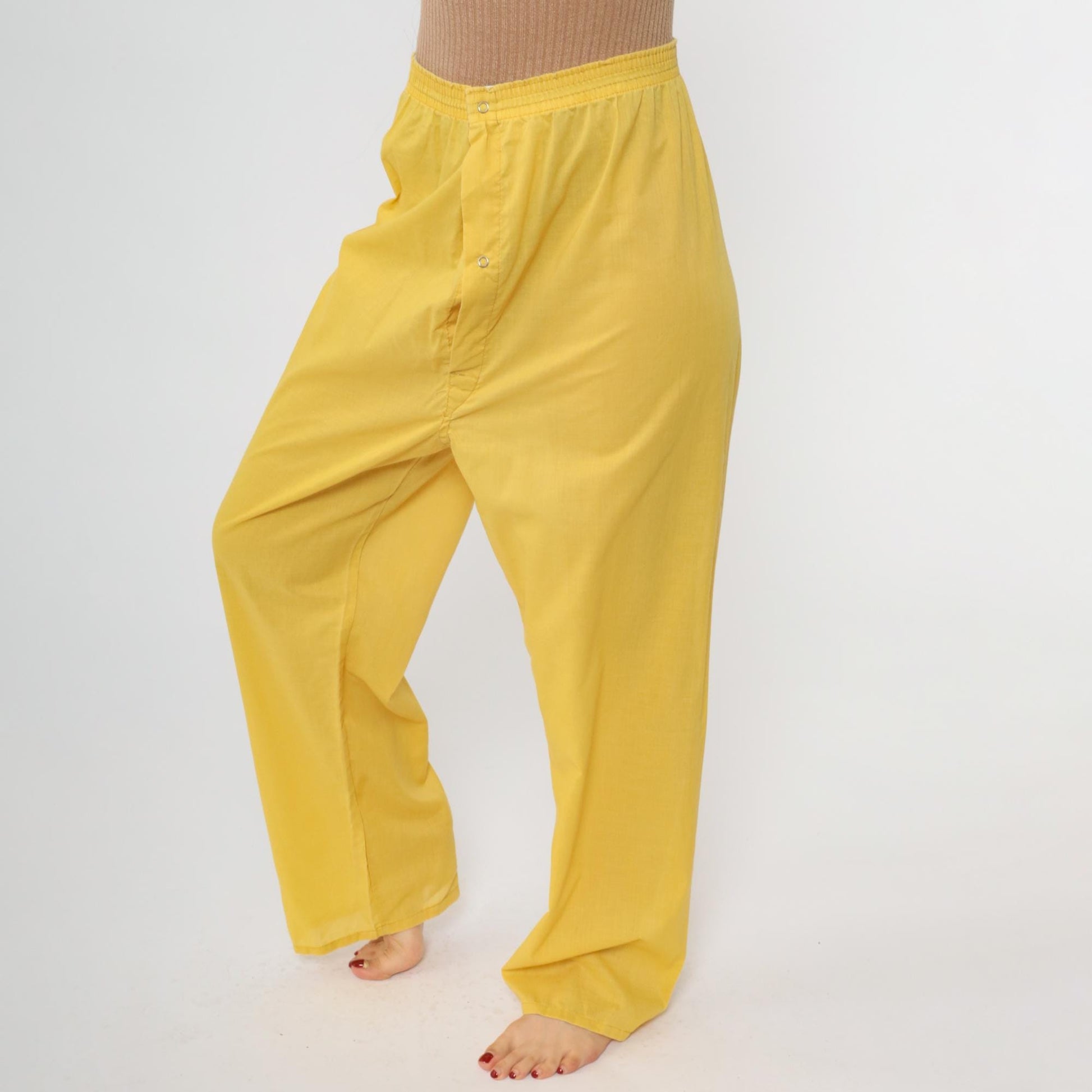 80s Yellow Pajama Pants Elastic Waist Button Fly Loungewear Large L