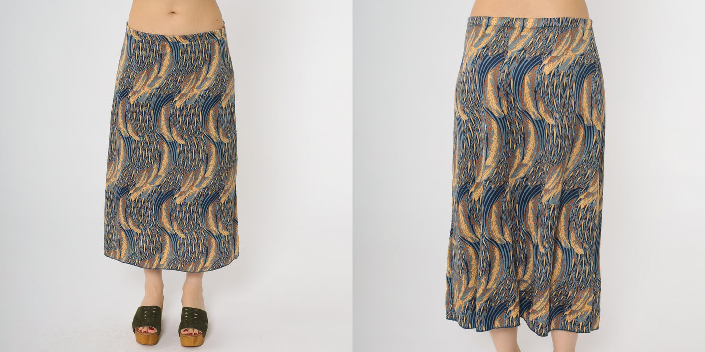 70s Abstract Midi Skirt Blue Gold Swirl Elastic Waist Medium M