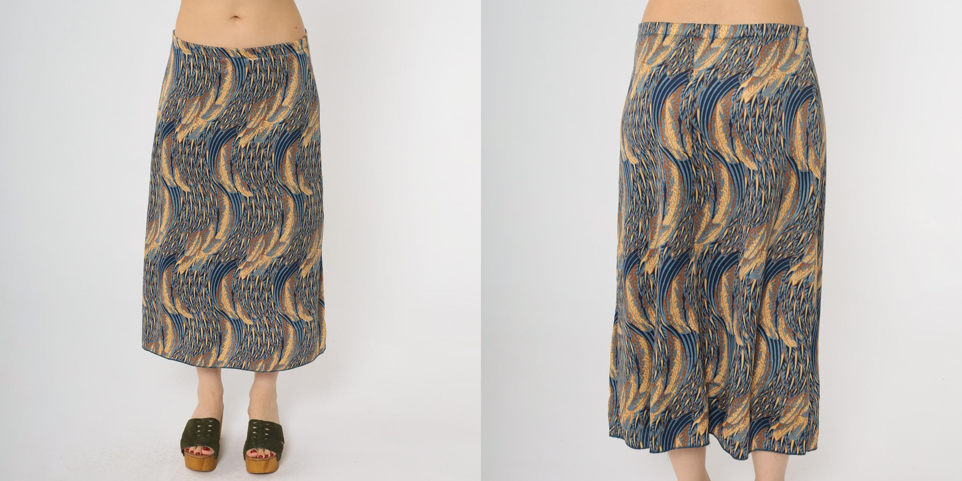 70s Abstract Midi Skirt Blue Gold Swirl Elastic Waist Medium M
