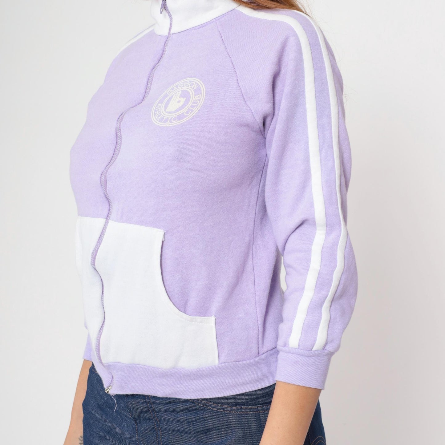 80s Sasson Lavender Track Jacket White Racing Stripe Zip Front Small