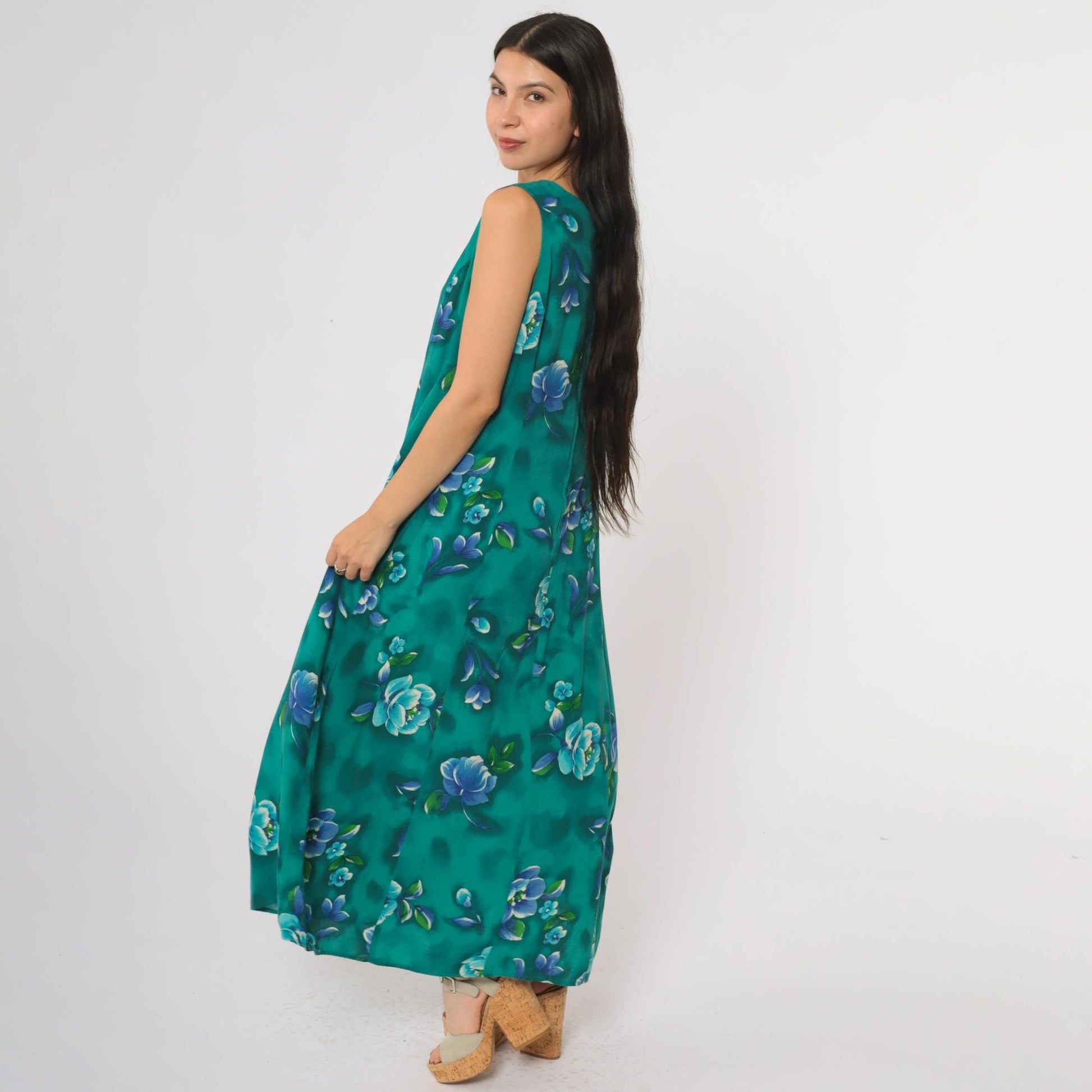 90s Emerald Green Floral Maxi Dress Sleeveless Scoop Neck Large