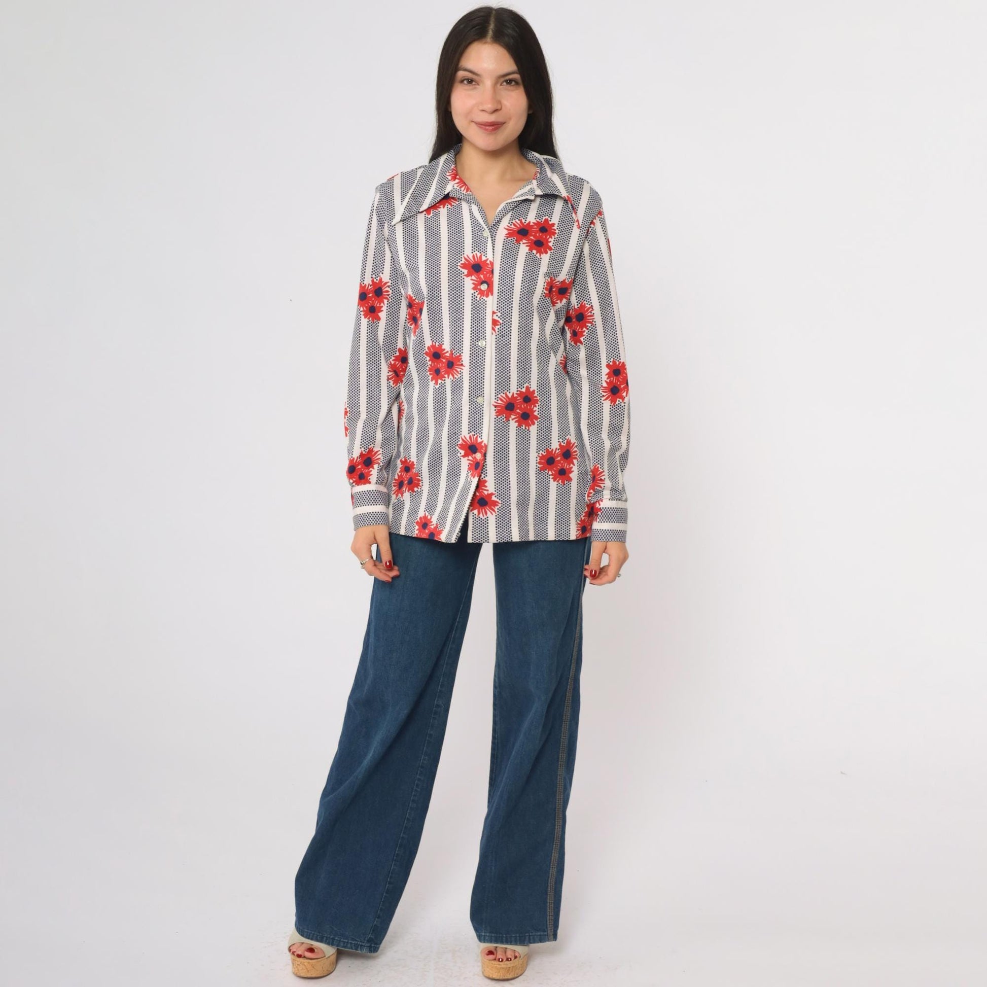 70s Shapely Floral Striped Button Down Shirt Navy Red Daisy Large L