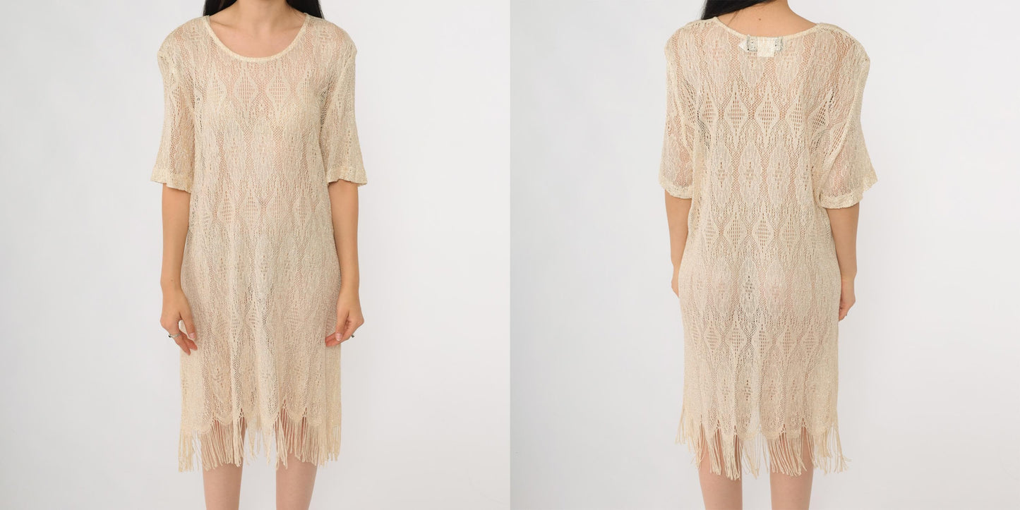 90s Sharade Nites Crochet Mini Dress Cream Metallic Fringe Scalloped Hem Size 16