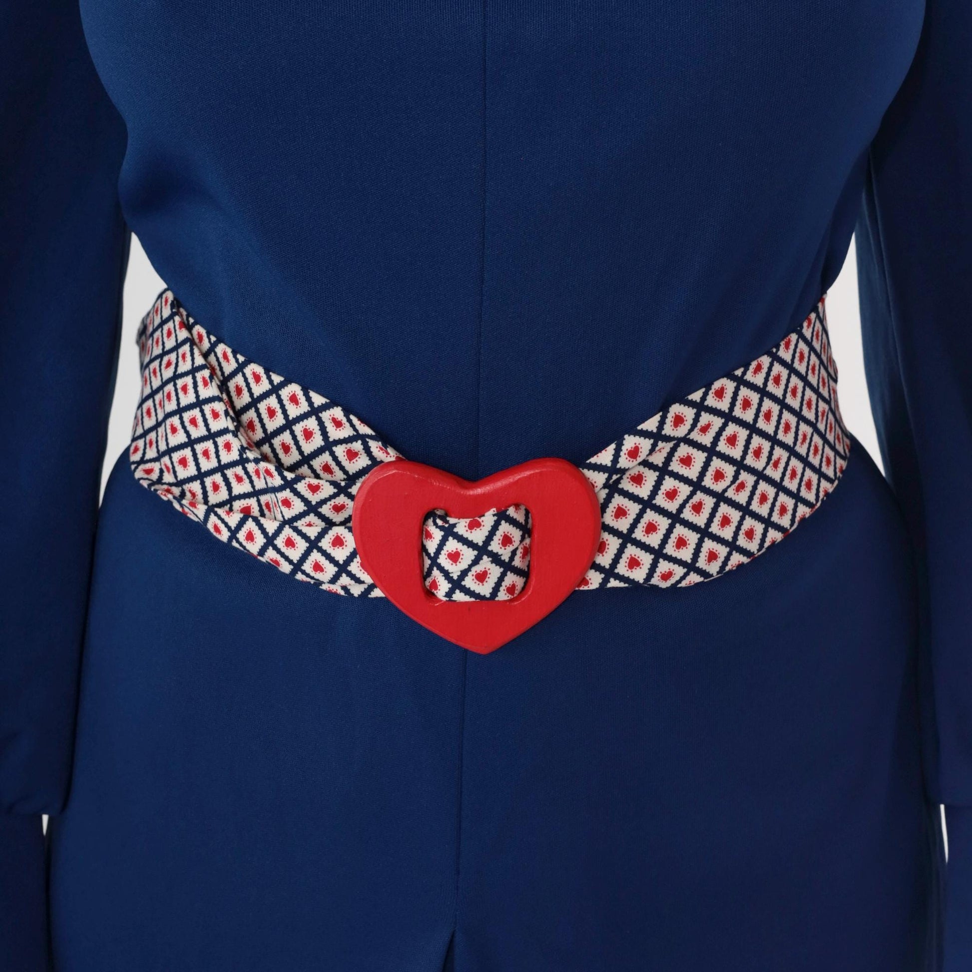 70s Navy Midi Dress Turtleneck Bishop Sleeve Western Yoke Heart Belt Medium