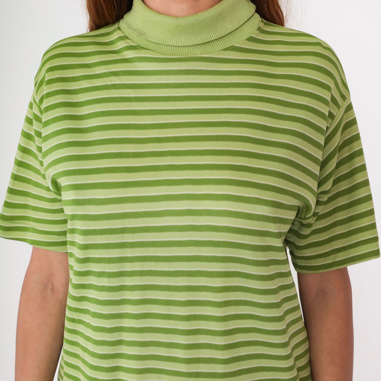 70s Striped Mock Neck Top Green Lime Short Sleeve Knit Pullover Medium Large