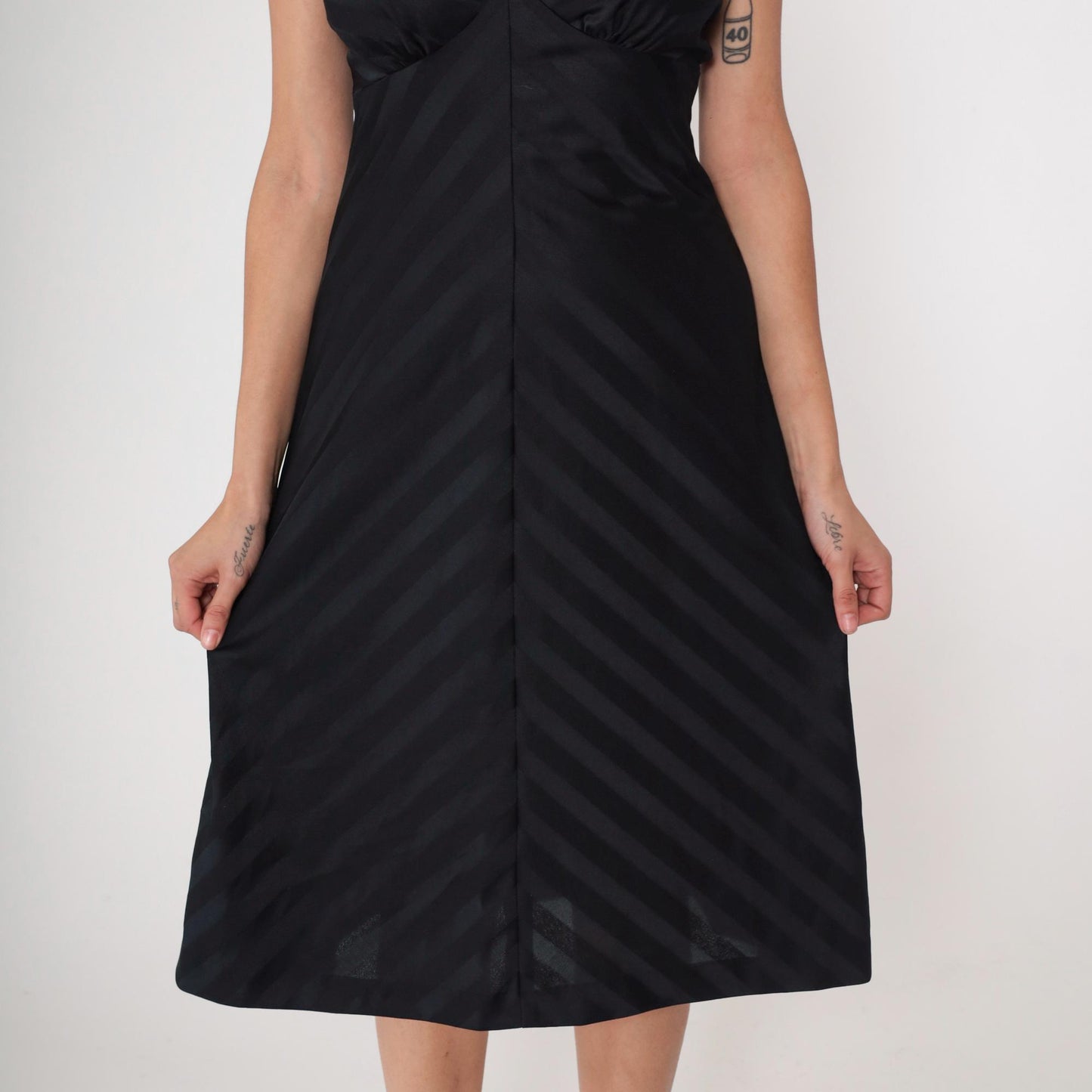 70s Black Halter Dress Striped Deep V Backless Mini Fit Flare Small