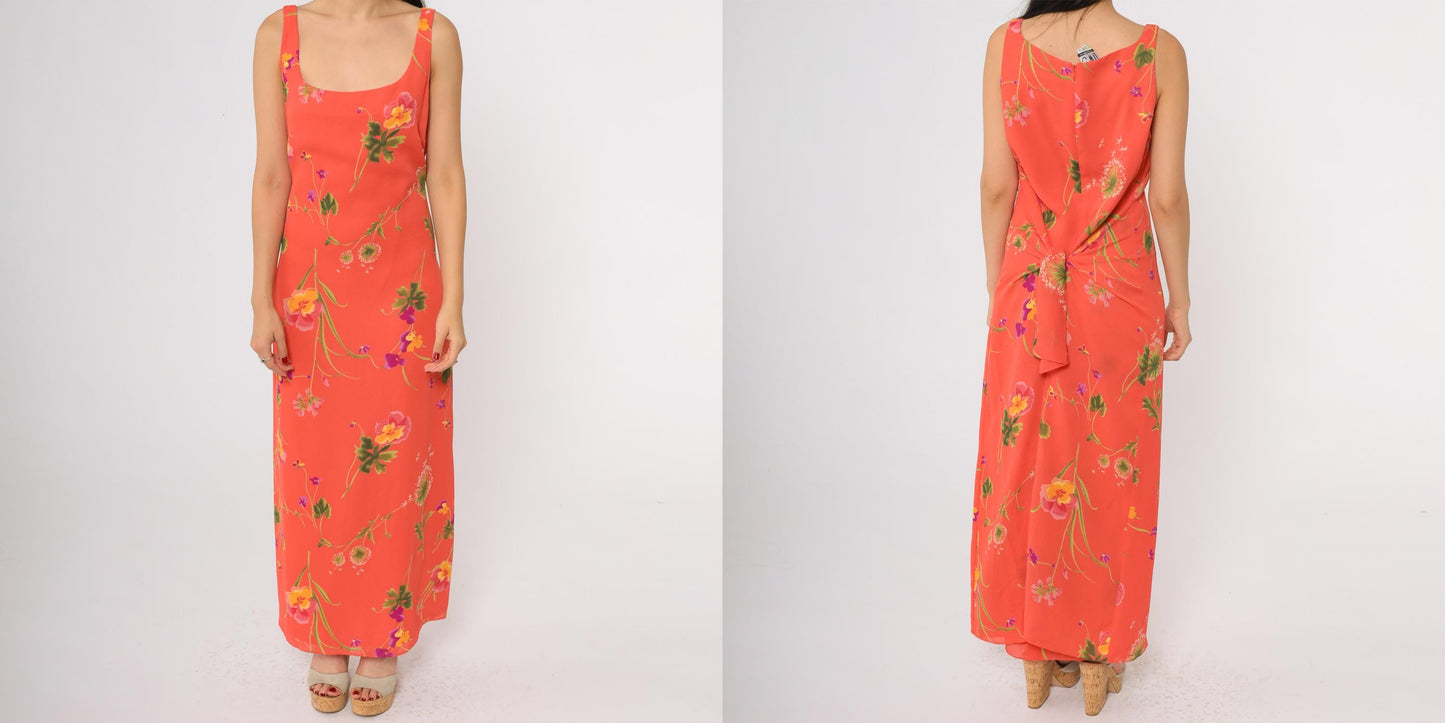 90s Coral Floral Maxi Dress Sleeveless Square Neck Tie Back Large