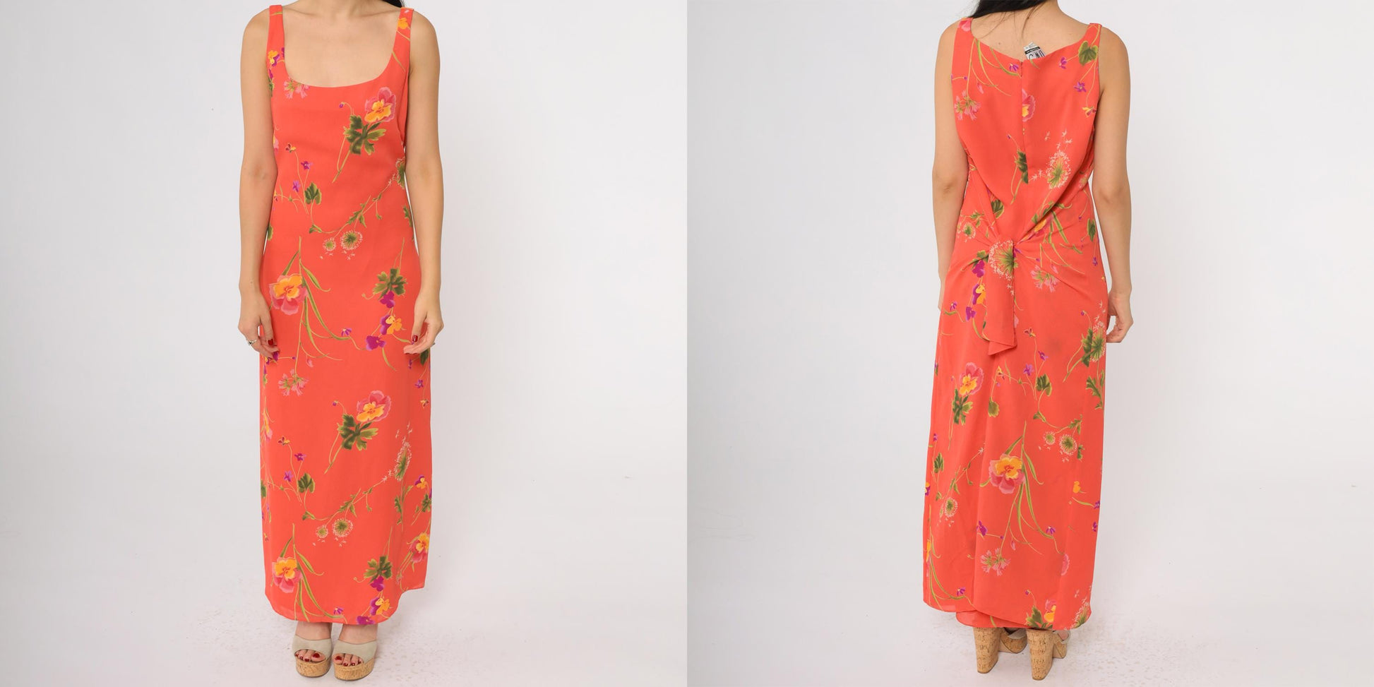 90s Coral Floral Maxi Dress Sleeveless Square Neck Tie Back Large