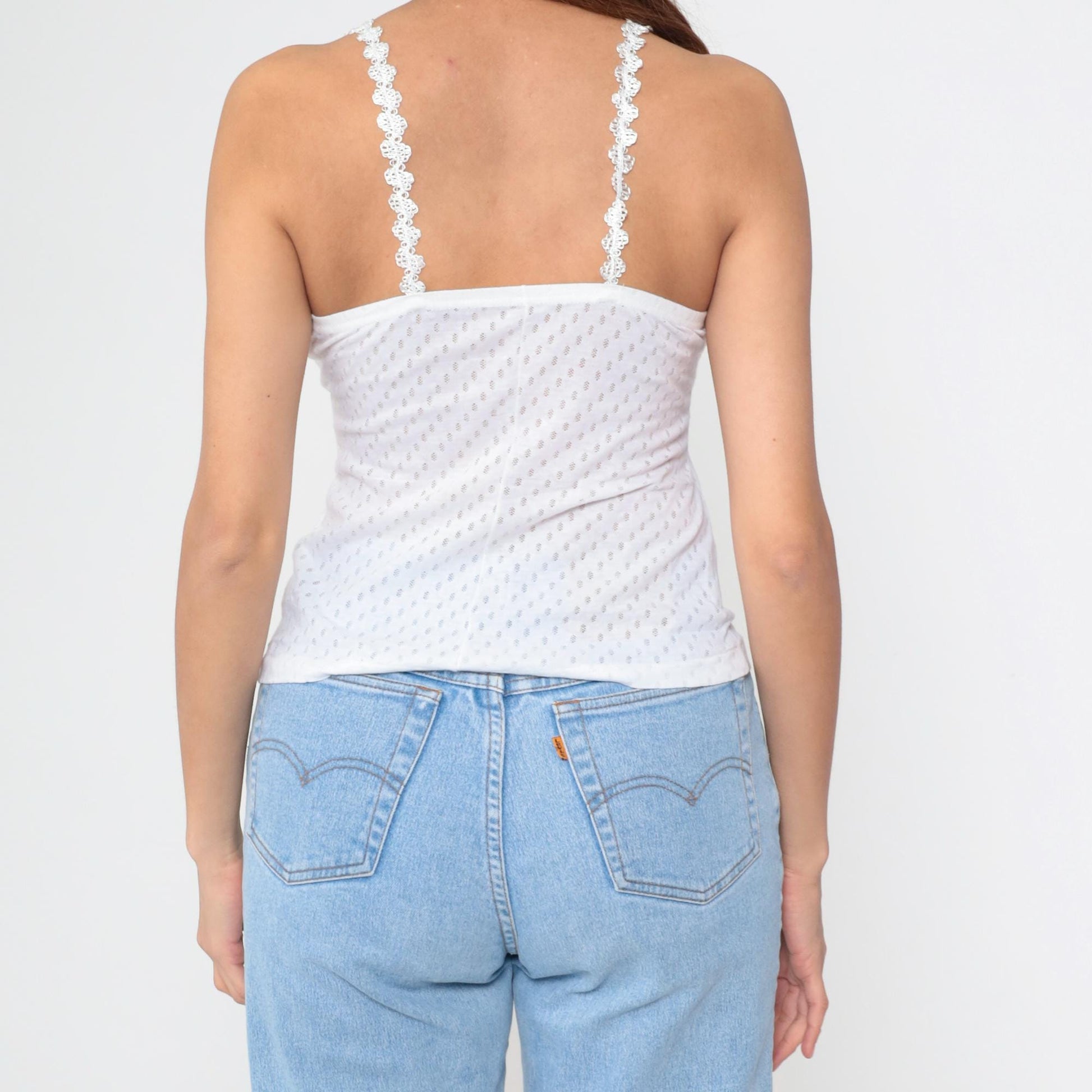 90s Karessah White Eyelet Camisole Lace Trim Spaghetti Straps Medium M